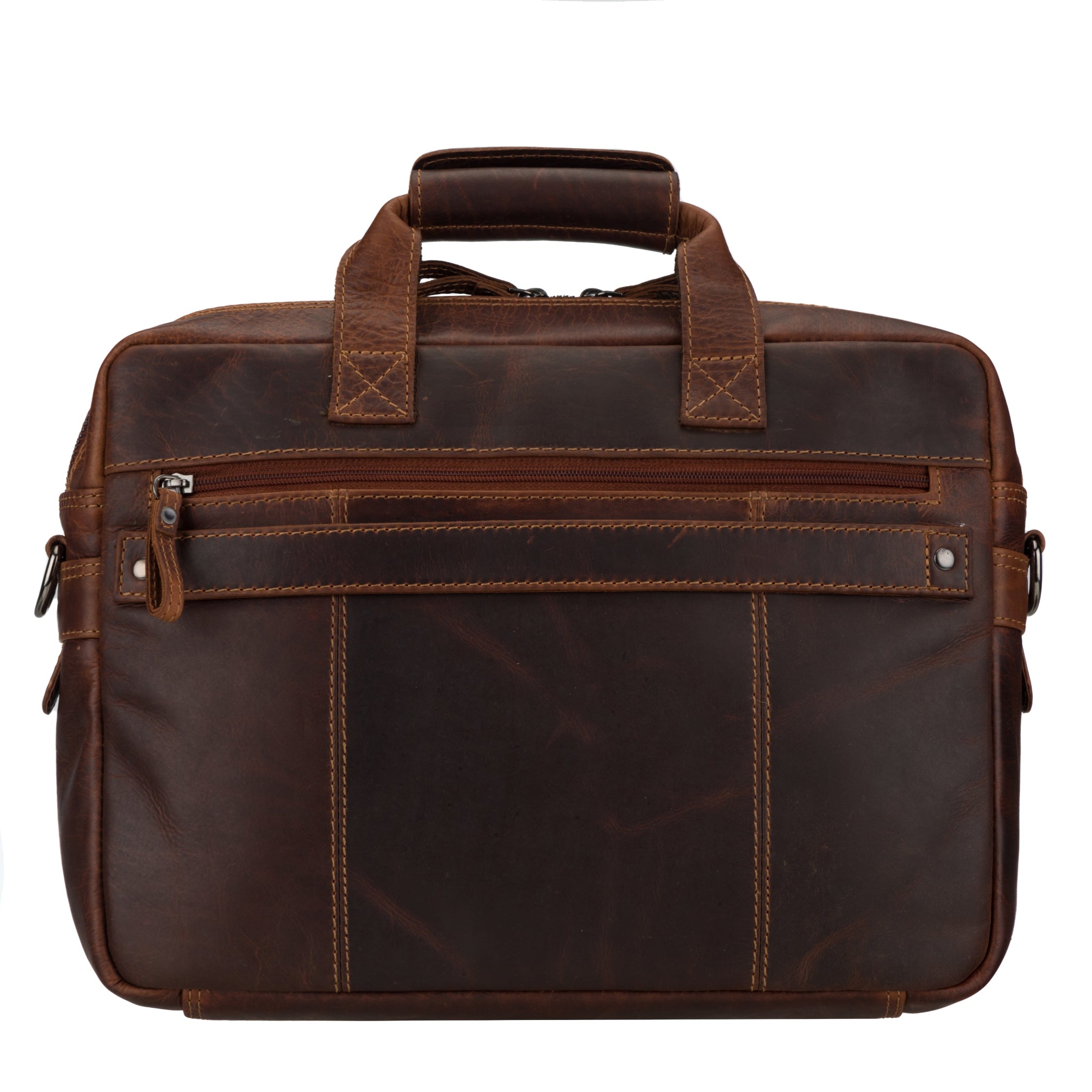 Back view of Brown Minori leather briefcase on a white background