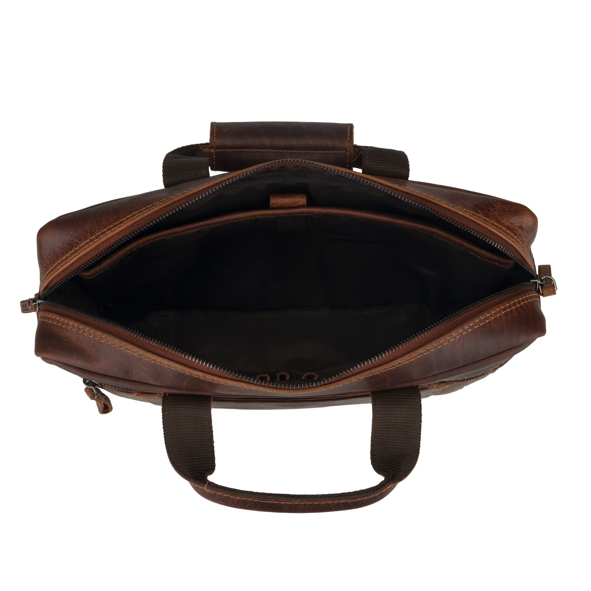 Open view of Brown Minori leather bag with open front on a white background
