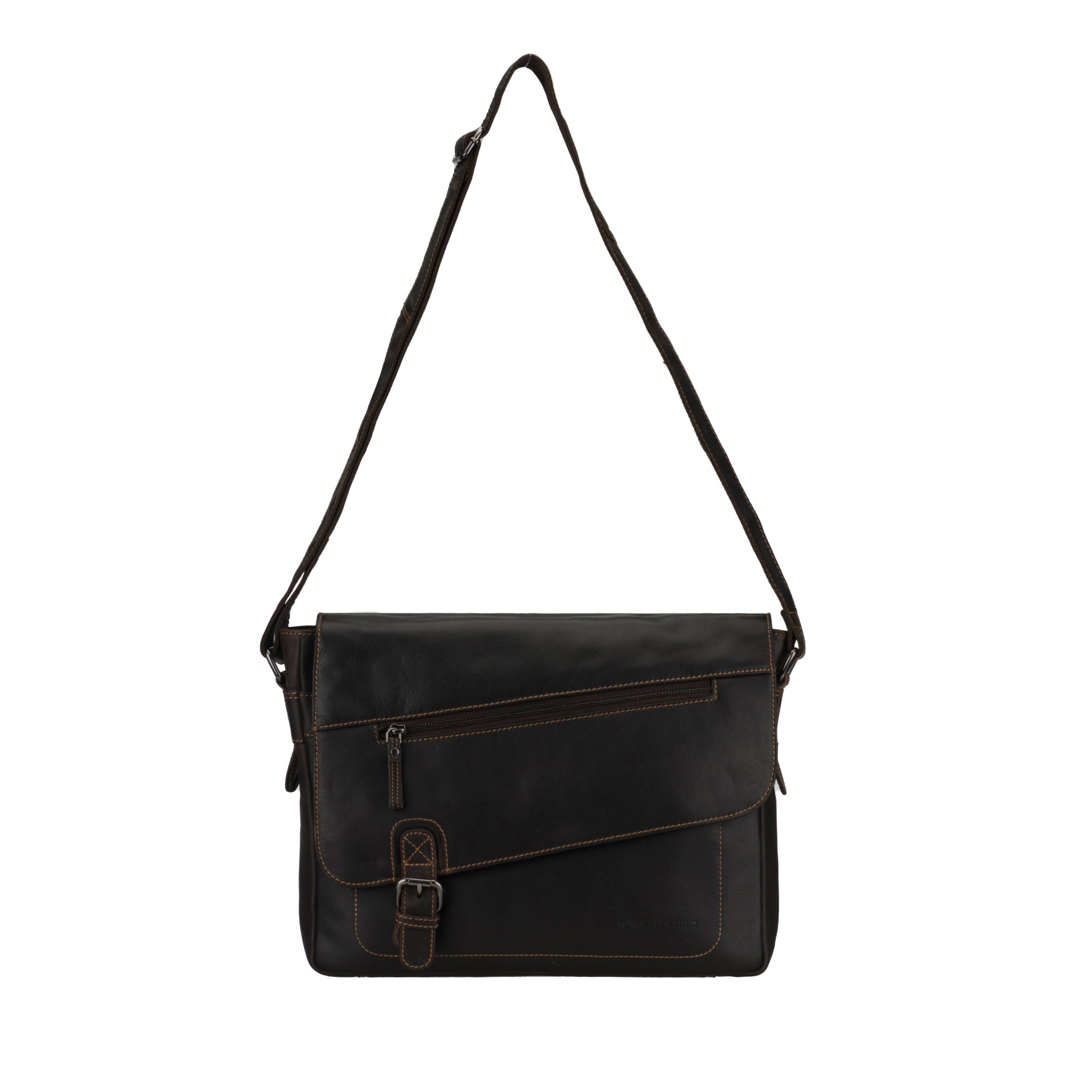 Brown Minori leather messenger bag with a strap on a white background