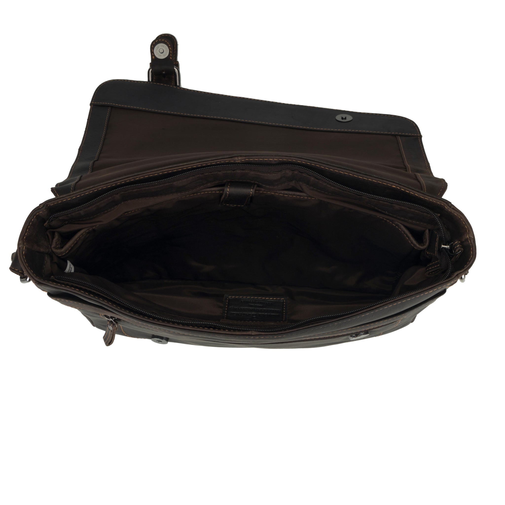 Open view of brown Minori leather briefcase on a white background