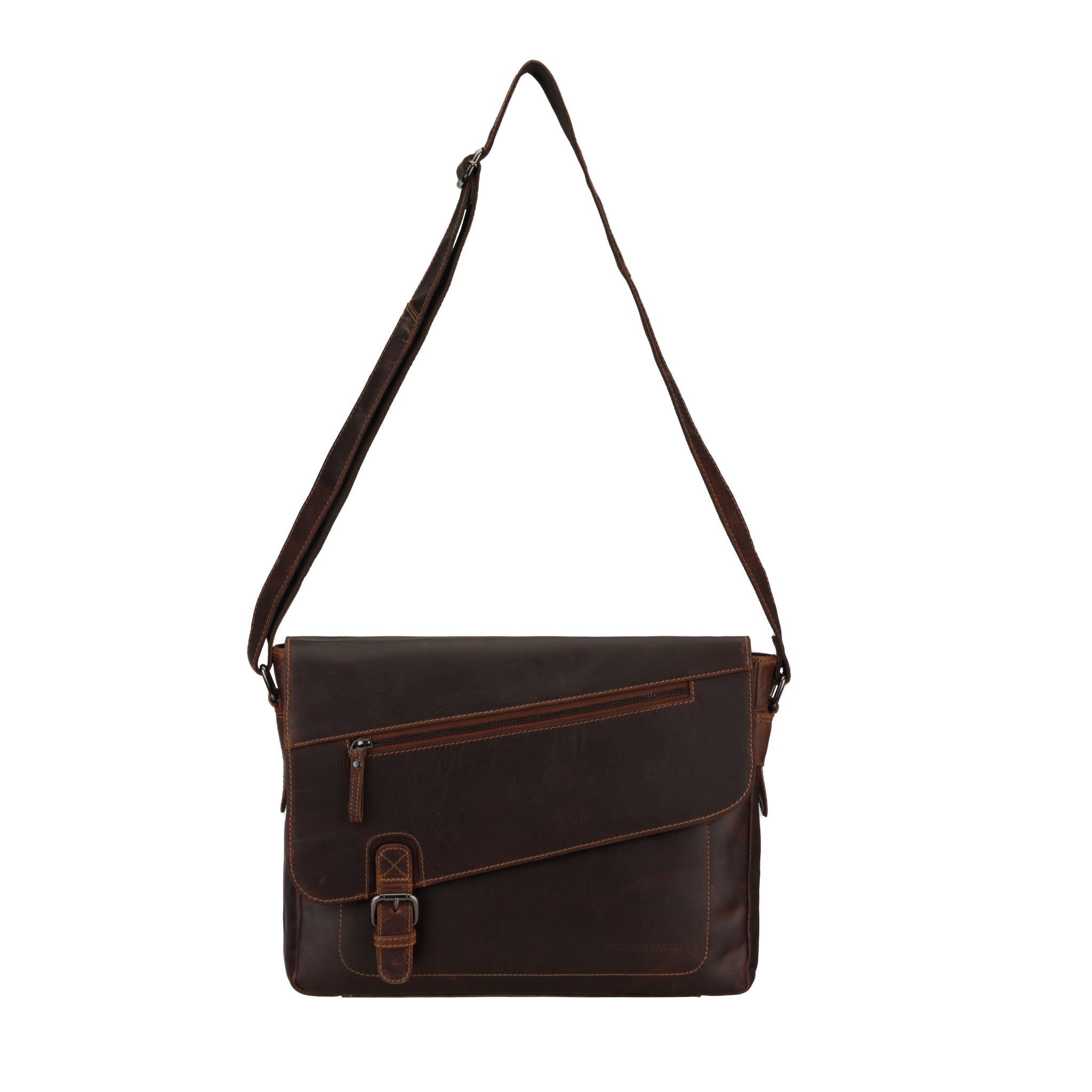 Brown Minori leather messenger bag with a strap on a white background