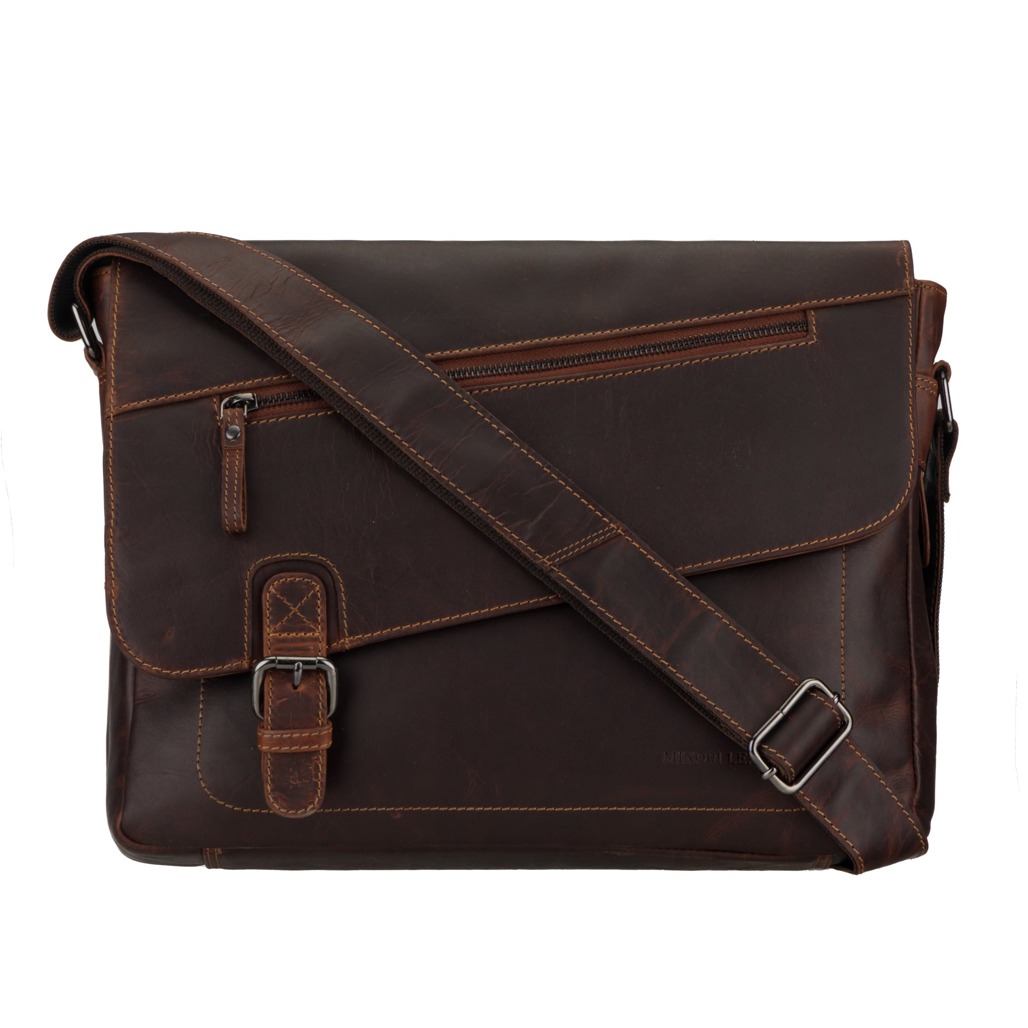 Brown Minori leather messenger bag with a strap on a white background