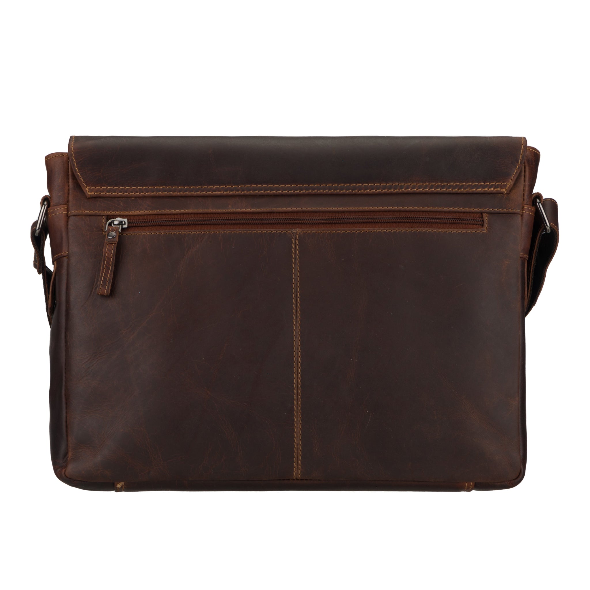 Back view of Brown Minori leather messenger bag on a white background