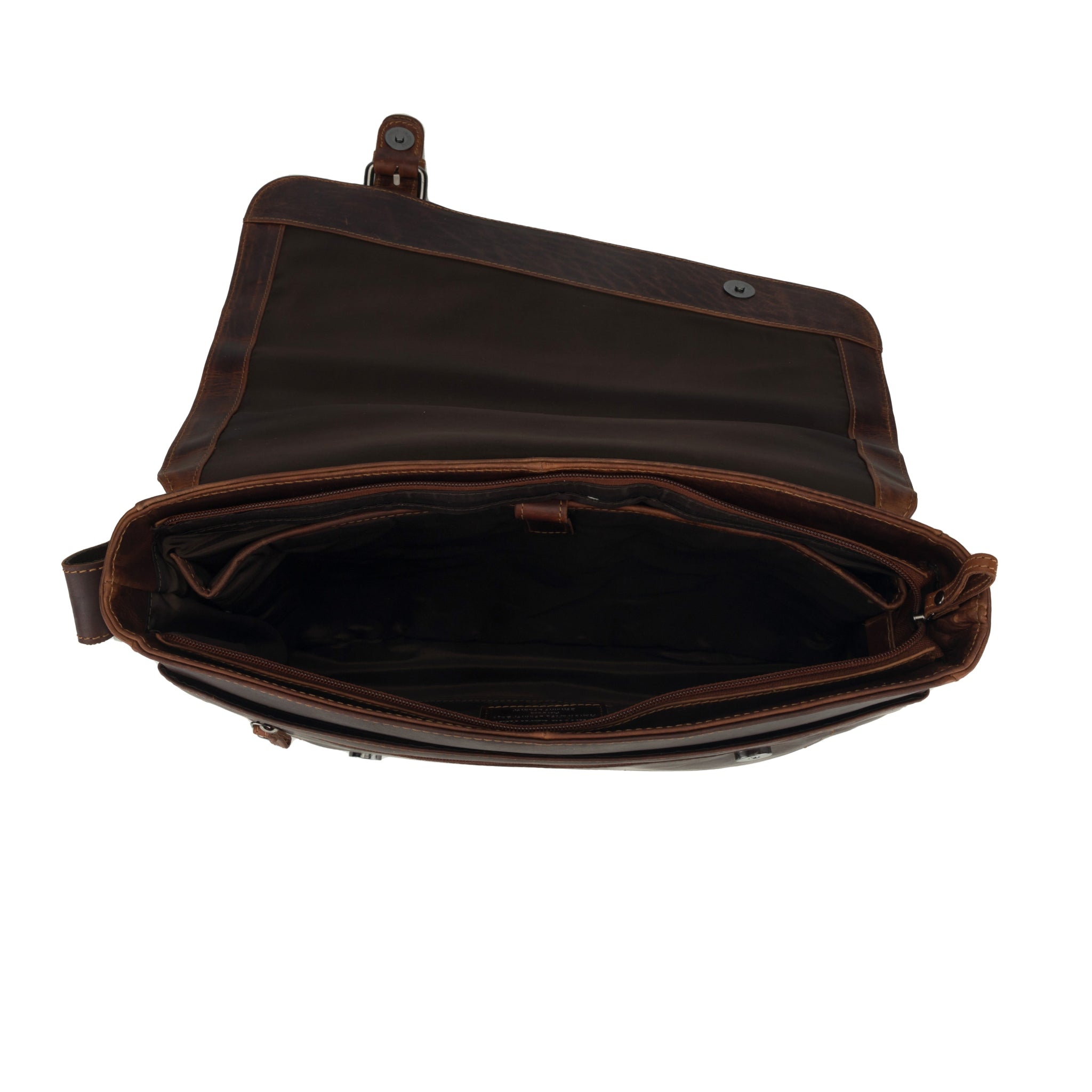 Open view of Brown Minori leather bag on a white background