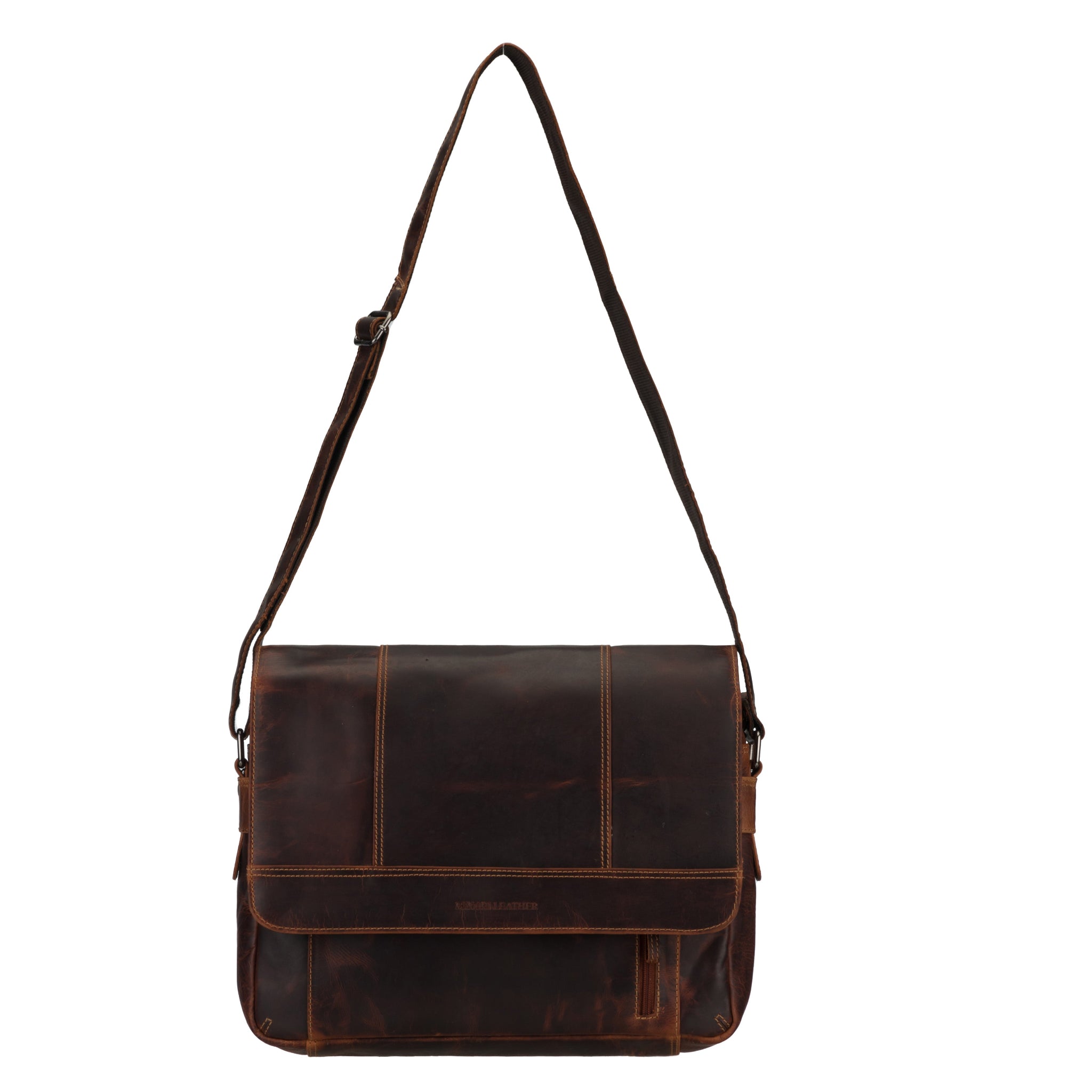 Brown Minori leather messenger bag with a strap on a white background