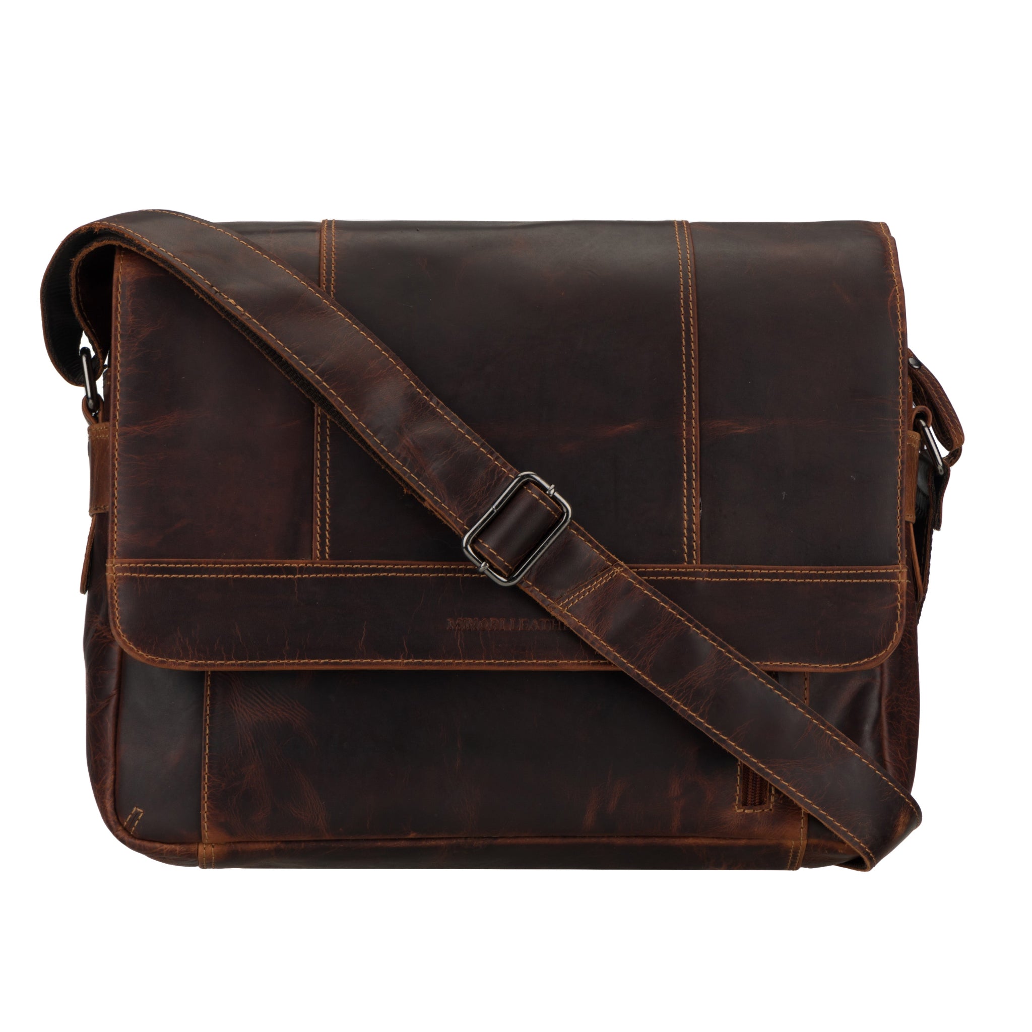Brown Minori leather messenger bag on a white background