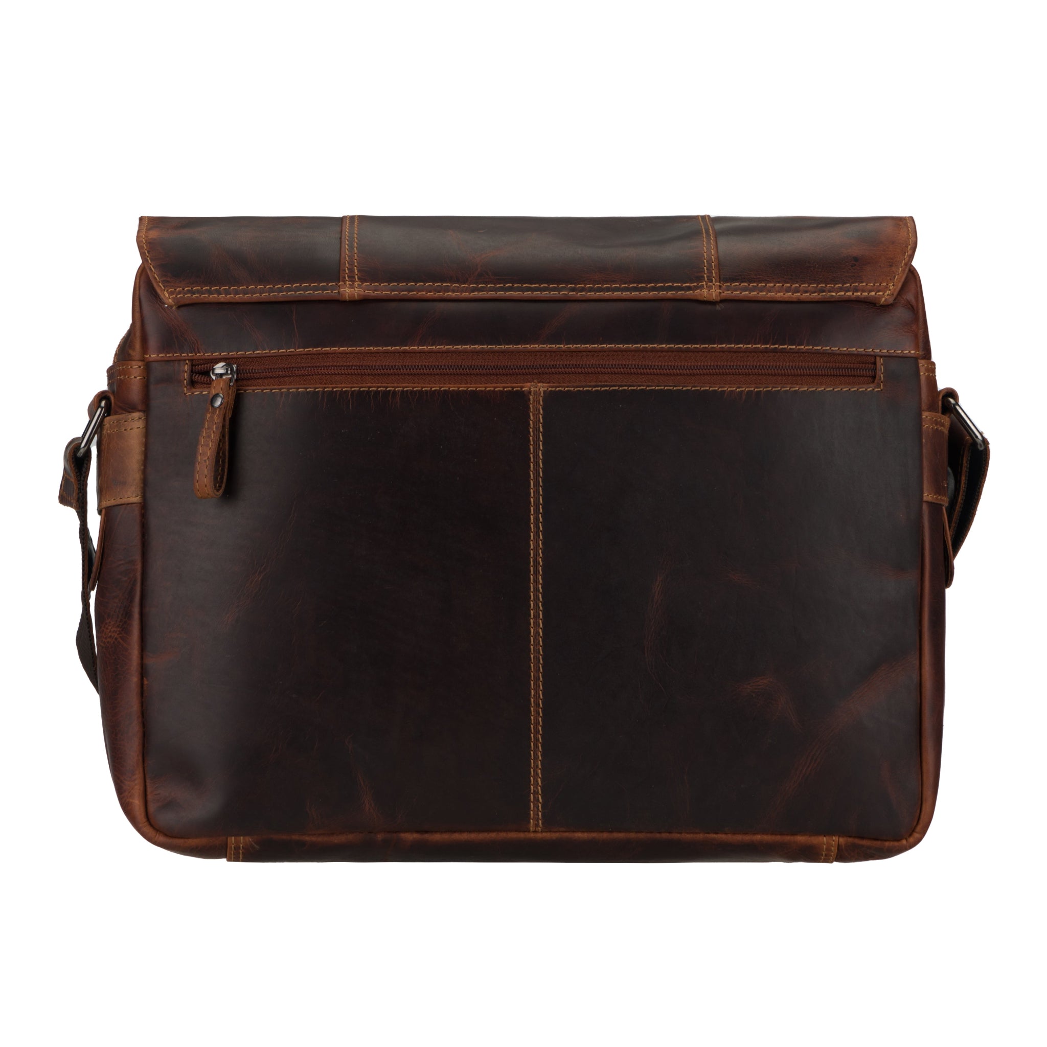 Rear view of Brown Minori leather messenger bag on a white background