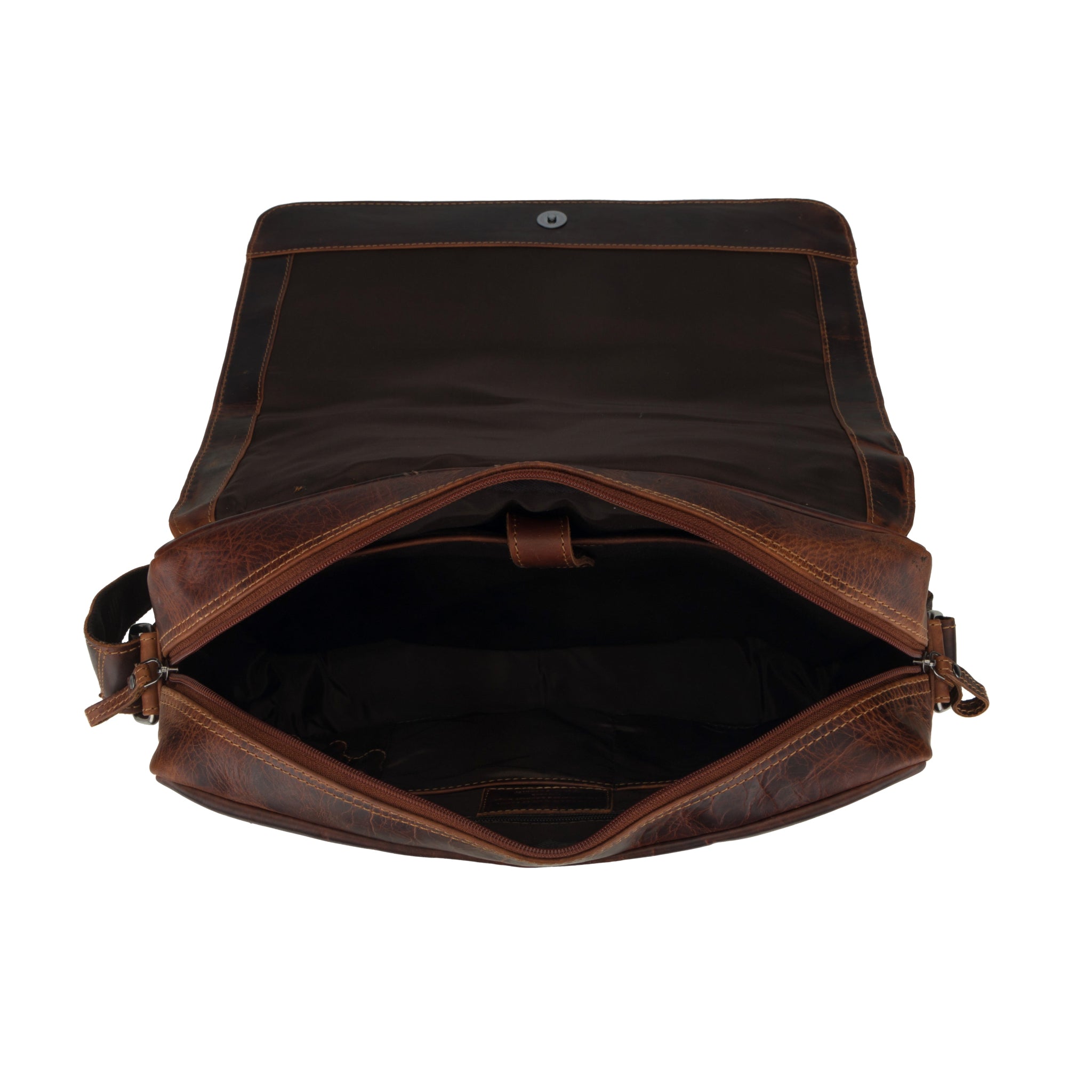 Open view of Brown Minori leather bag on a white background
