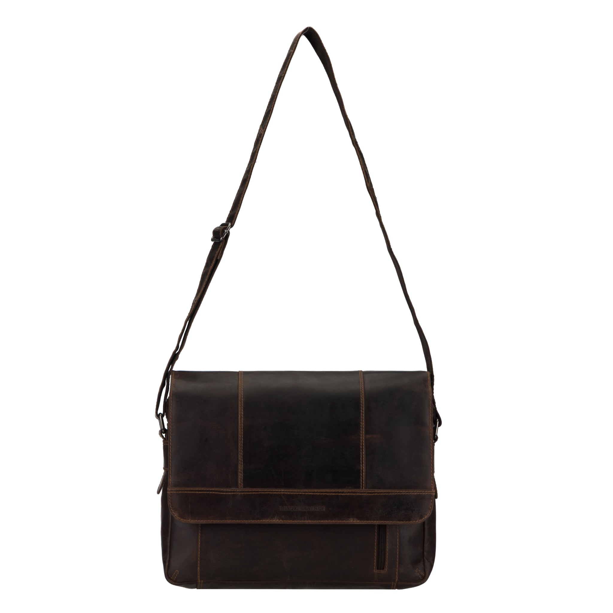 Brown Minori leather messenger bag on a white background