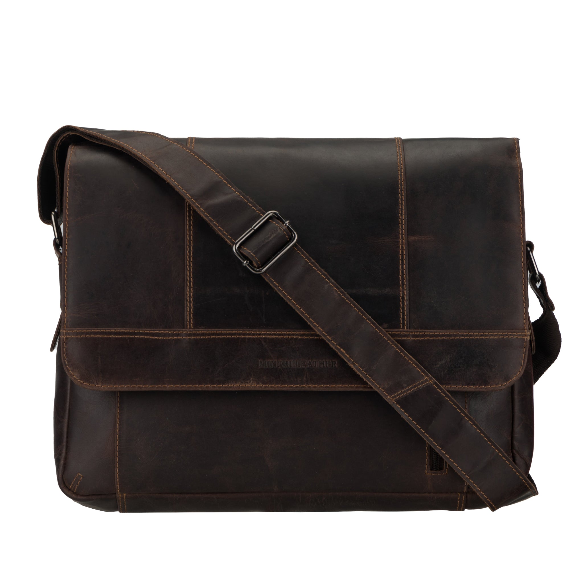 Brown Minori leather messenger bag on a white background