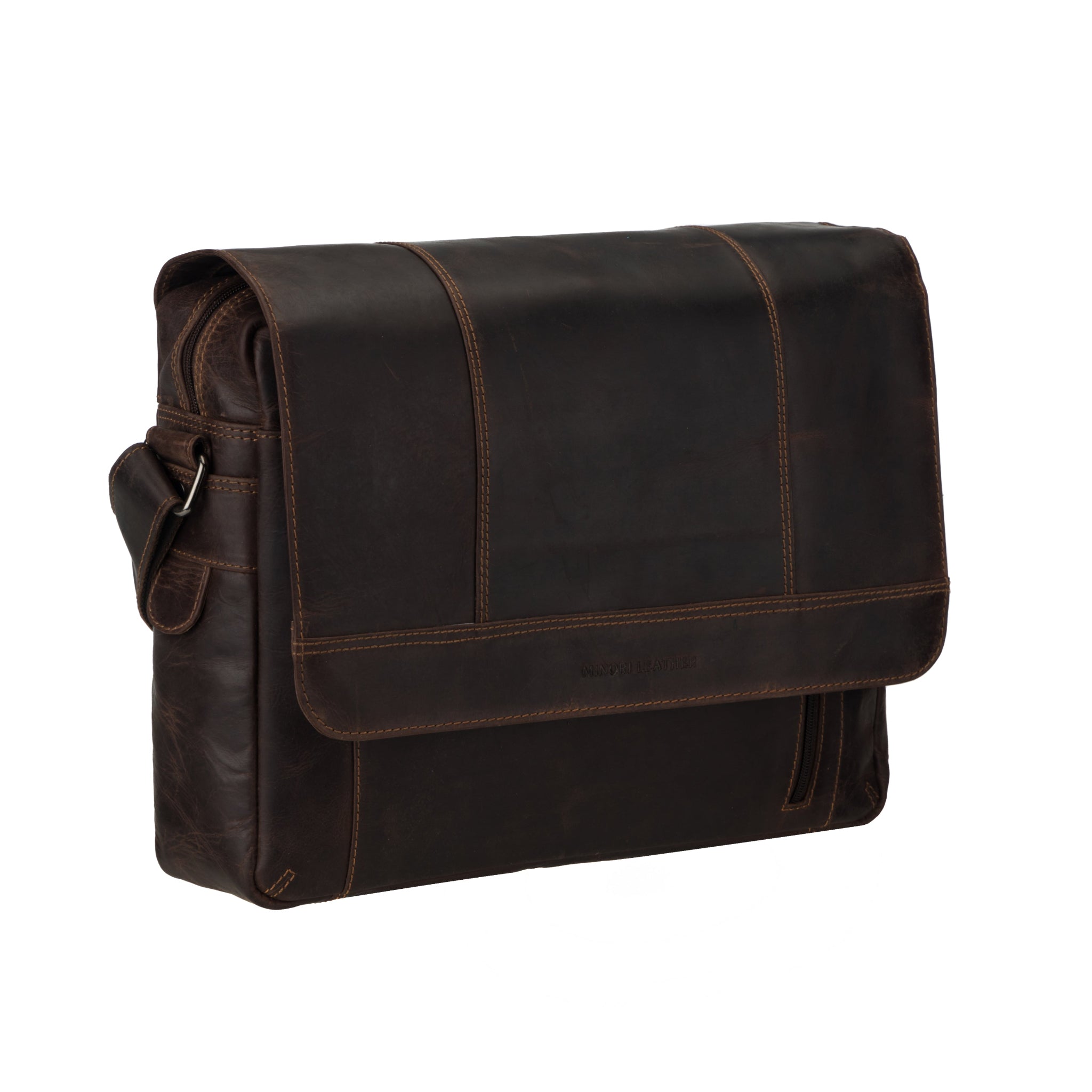 Angled view of Brown Minori leather messenger bag on a white background