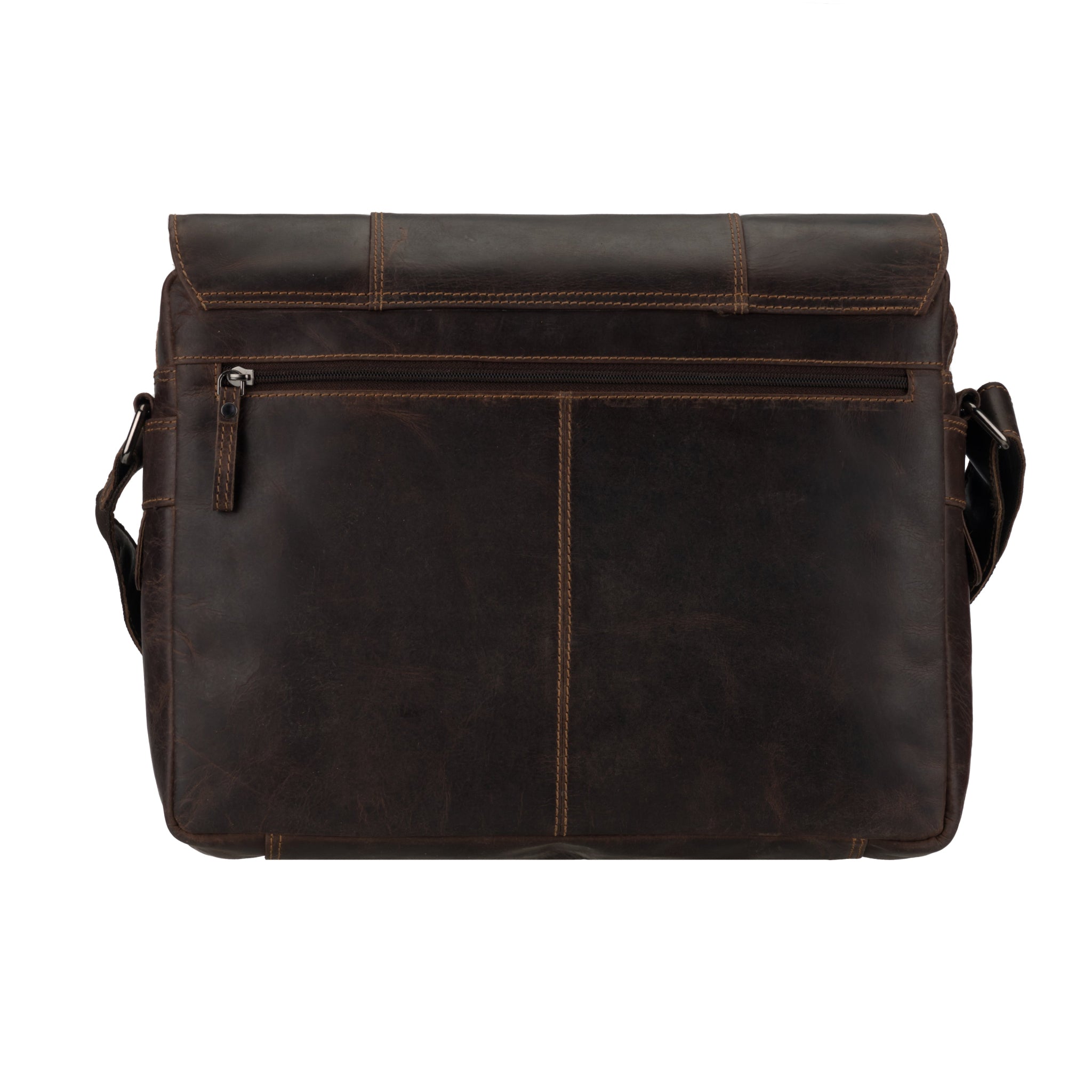 Rear view of Brown Minori leather messenger bag on a white background