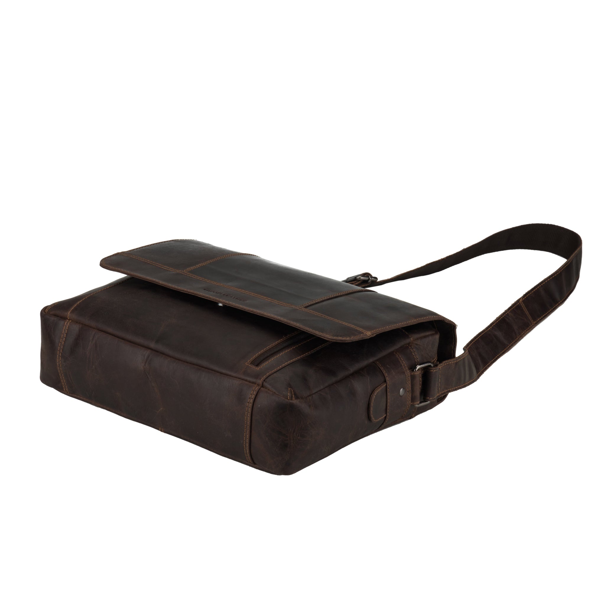 Flat lay view of Brown Minori leather briefcase with a strap on a white background