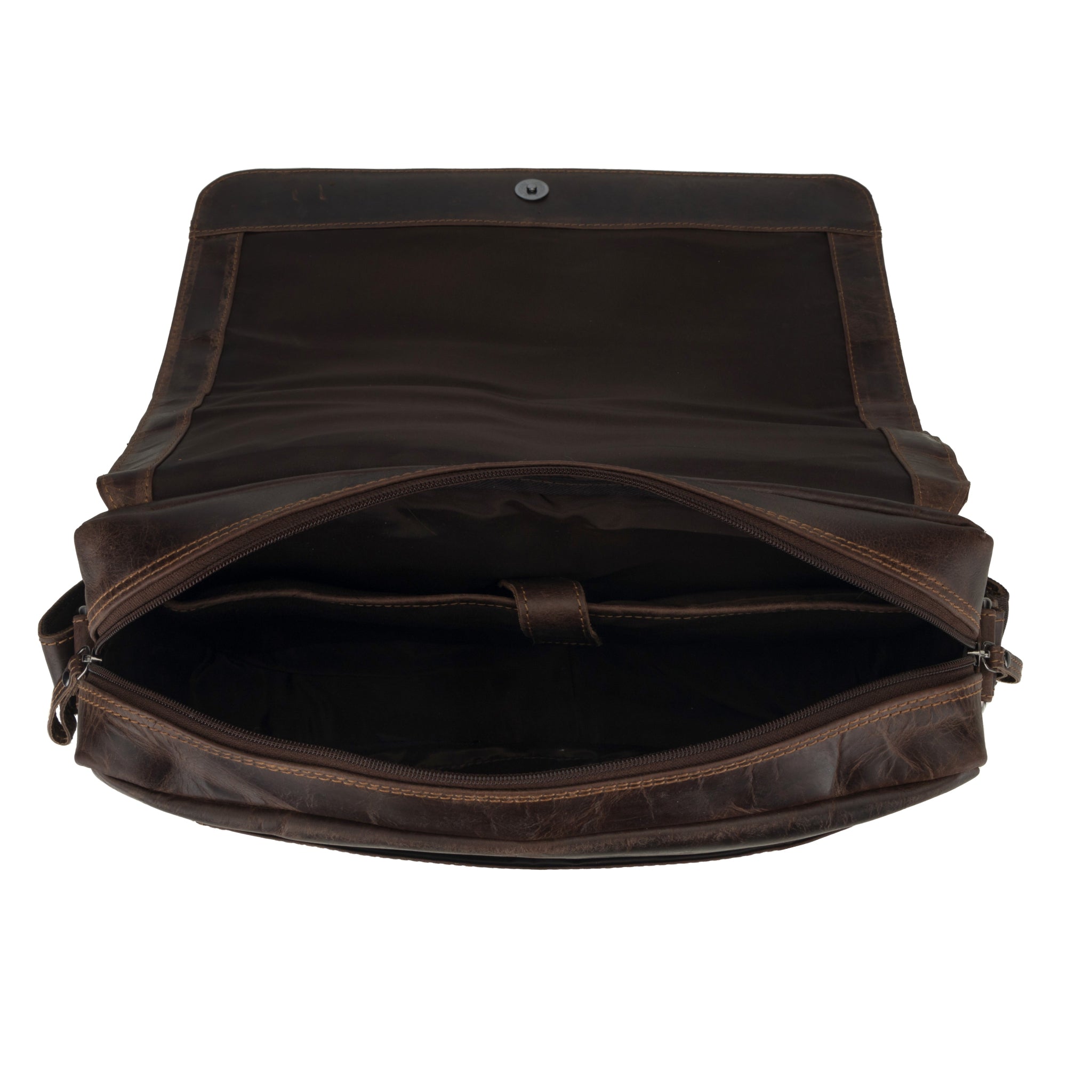 Open view of Brown Minori leather bag on a white background