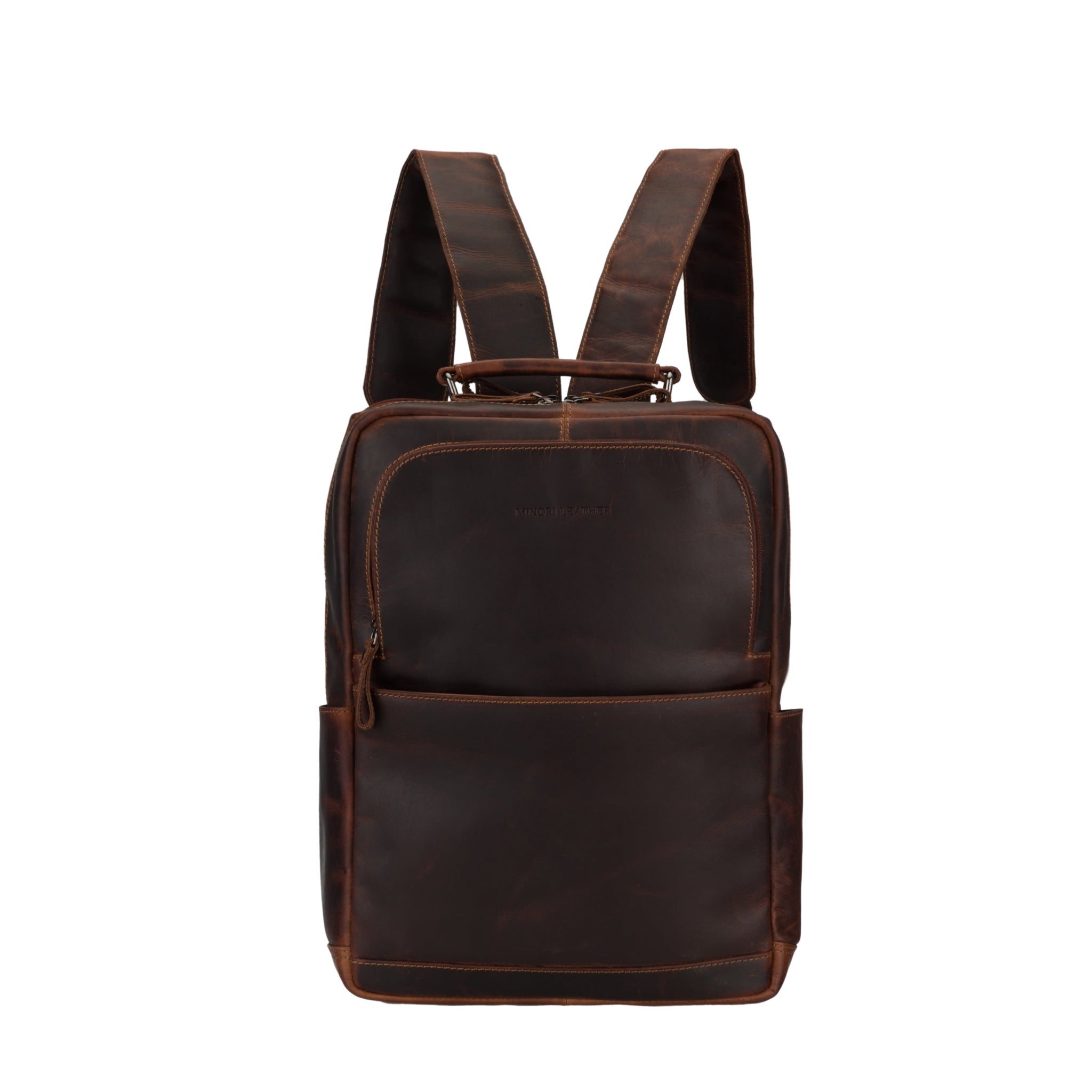 Front view of a chestnut brown Minori leather backpack with multiple compartments and a top handle.