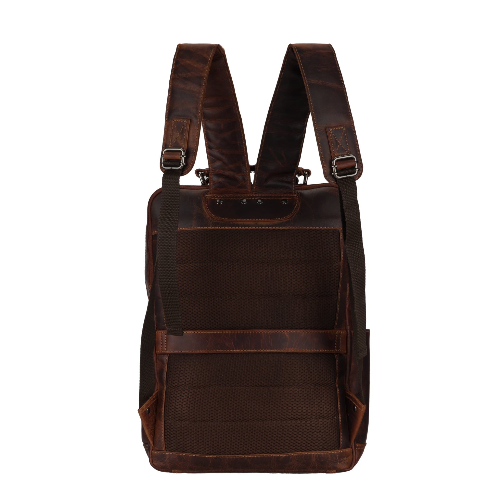 Rear view of a chestnut brown Minori leather backpack showcasing the padded back panel and adjustable shoulder straps.