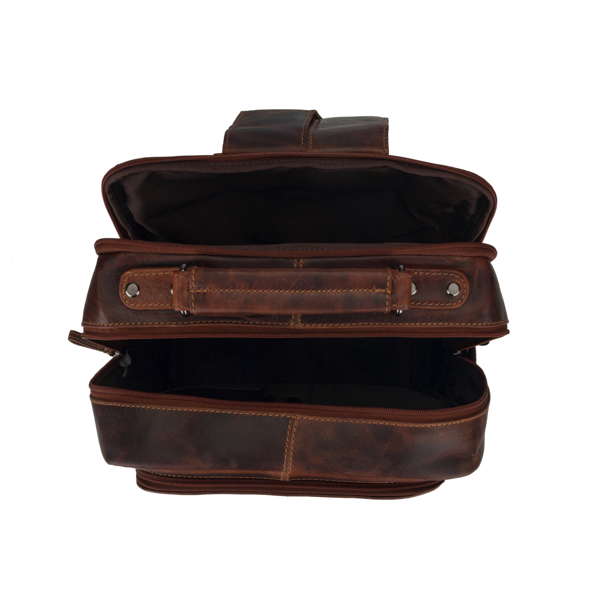 Open view of a chestnut brown Minori leather backpack displaying the spacious dual compartments.