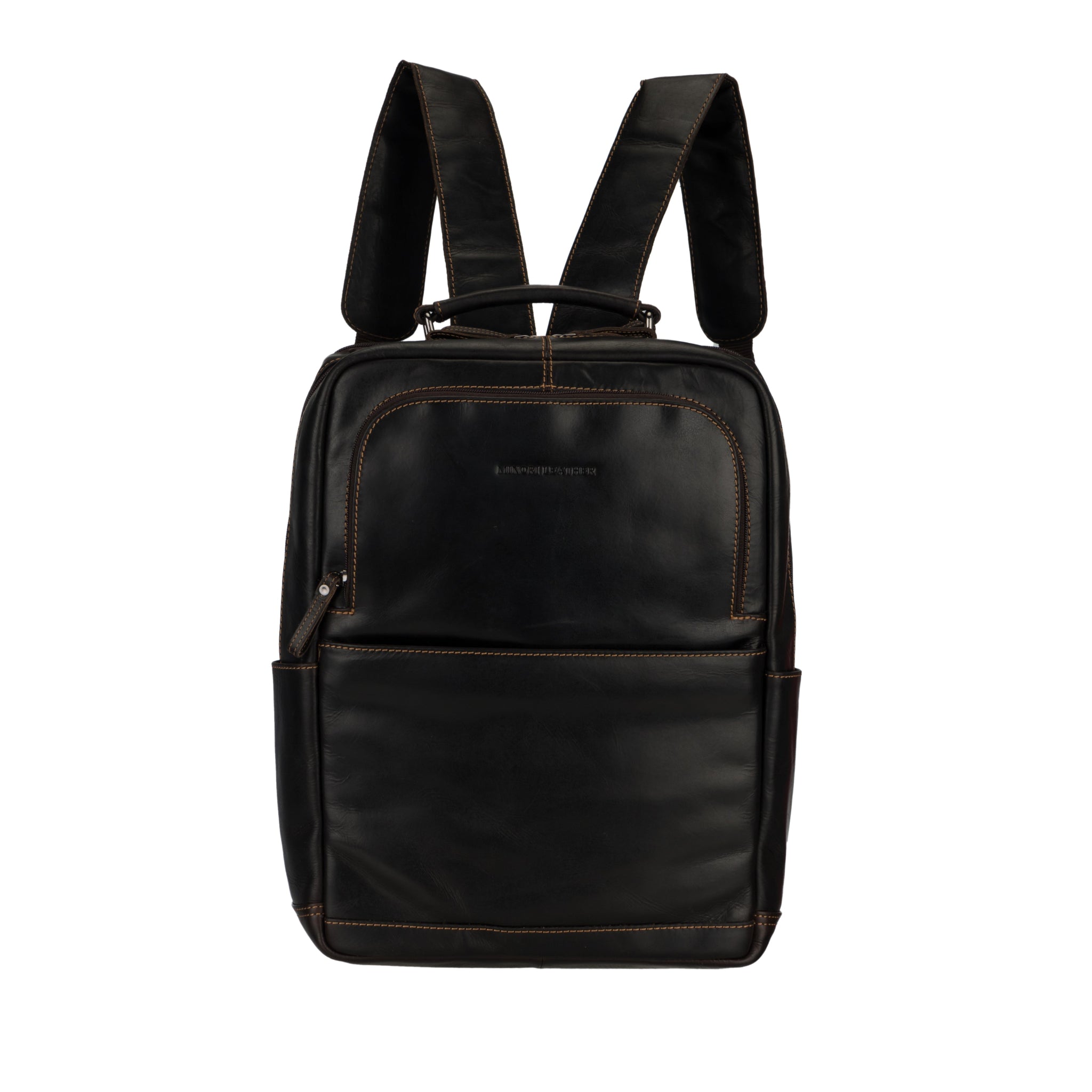 Front view of a brown Minori leather backpack with visible stitching and dual shoulder straps.