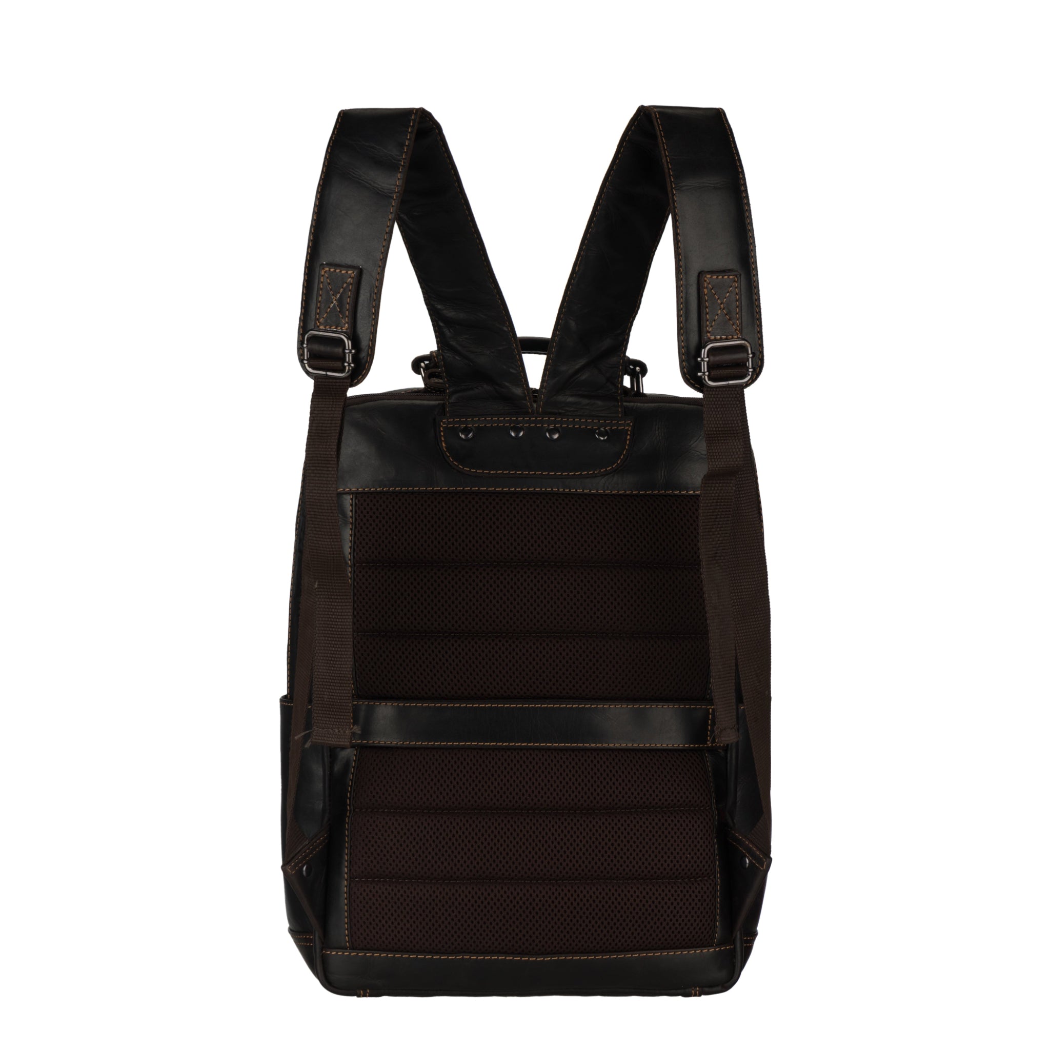 Rear view of the brown Minori leather backpack highlighting padded back support and shoulder straps.