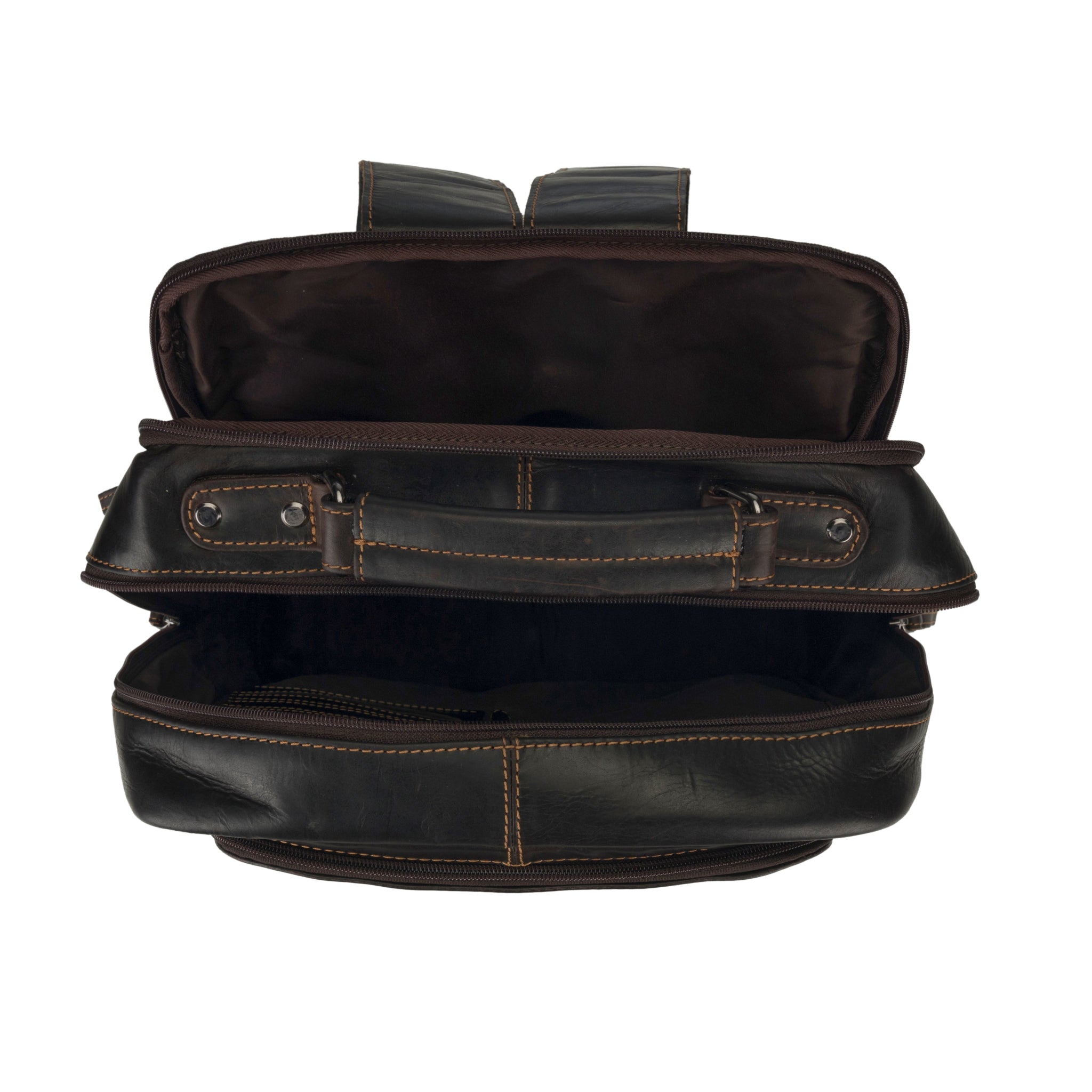 Top-down view of the brown Minori leather backpack with open zippers revealing the spacious interior.
