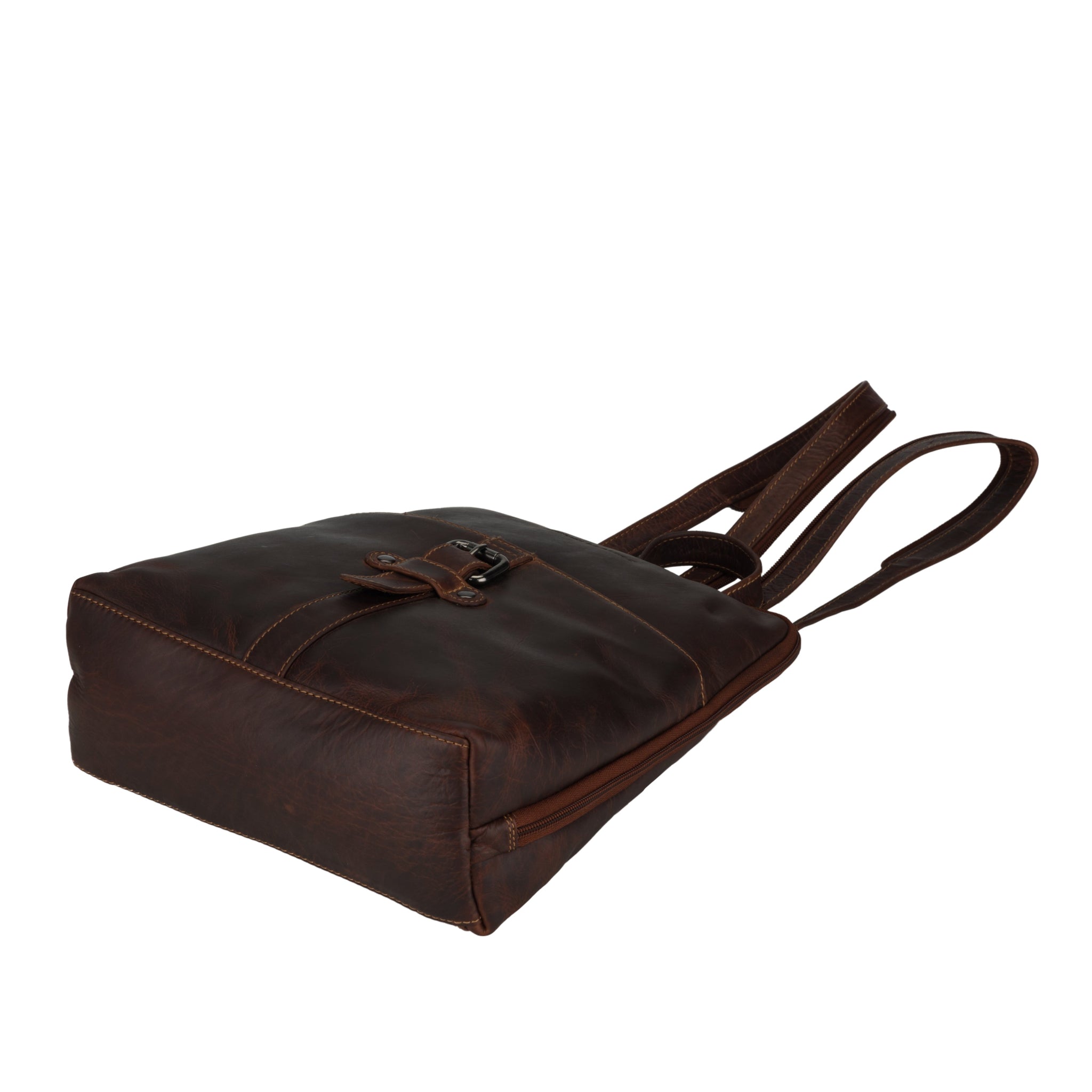 Bottom view of the chestnut brown Minori leather backpack displaying its flat base construction.