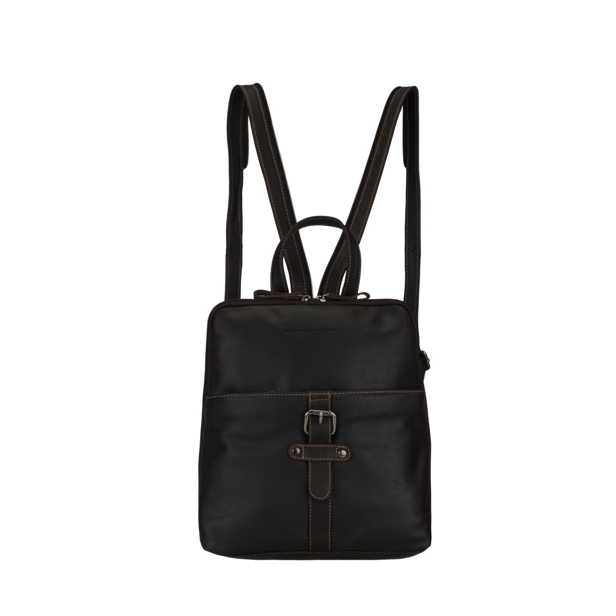 Brown Minori leather backpack with straps on a white background
