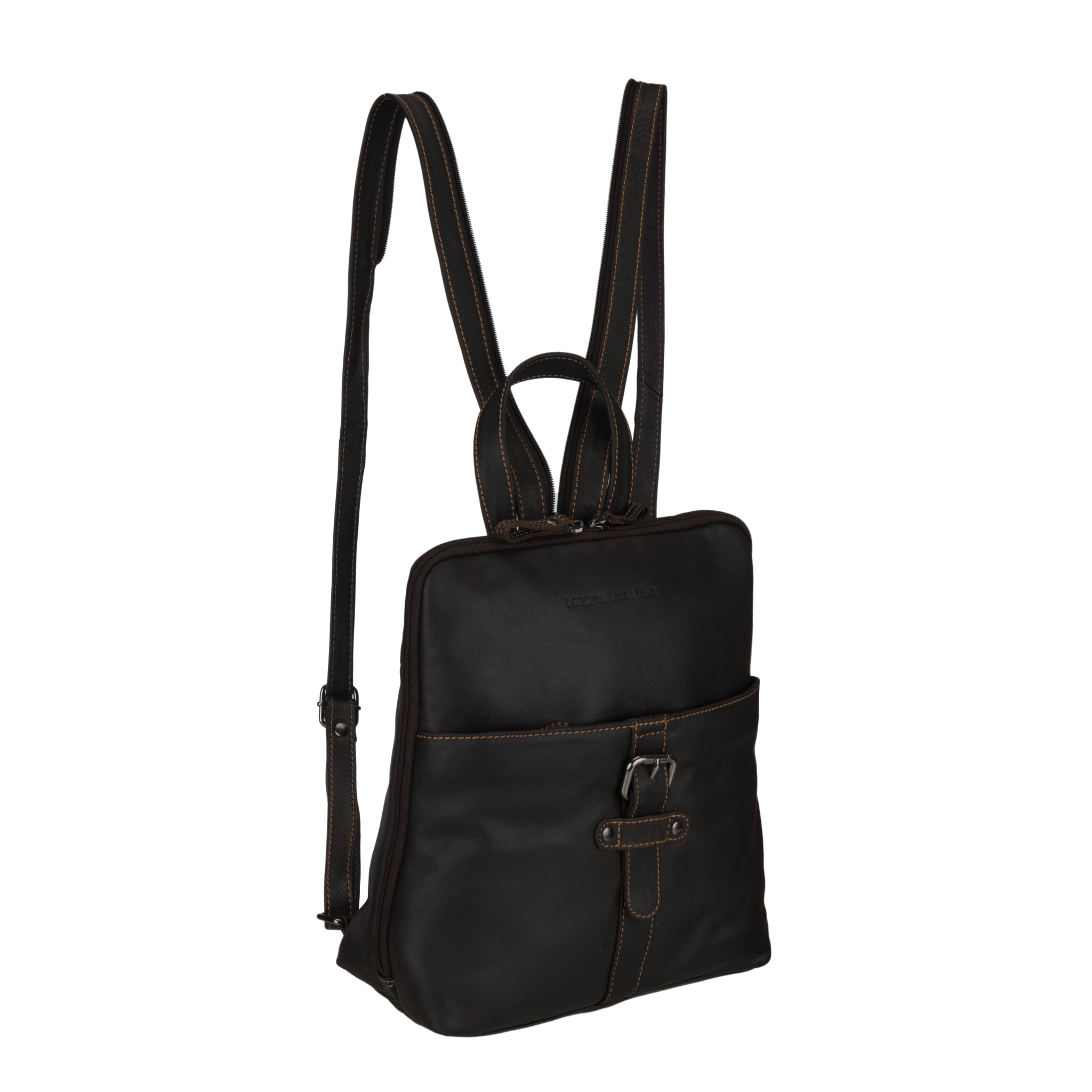 Angled view of Brown Minori leather backpack on a white background