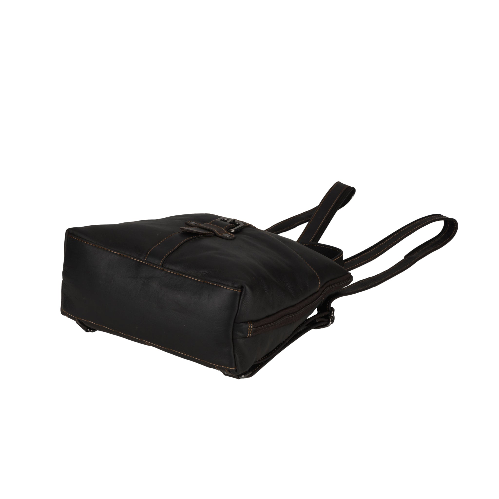 Flat lay view of Brown Minori leather backpack on a white background