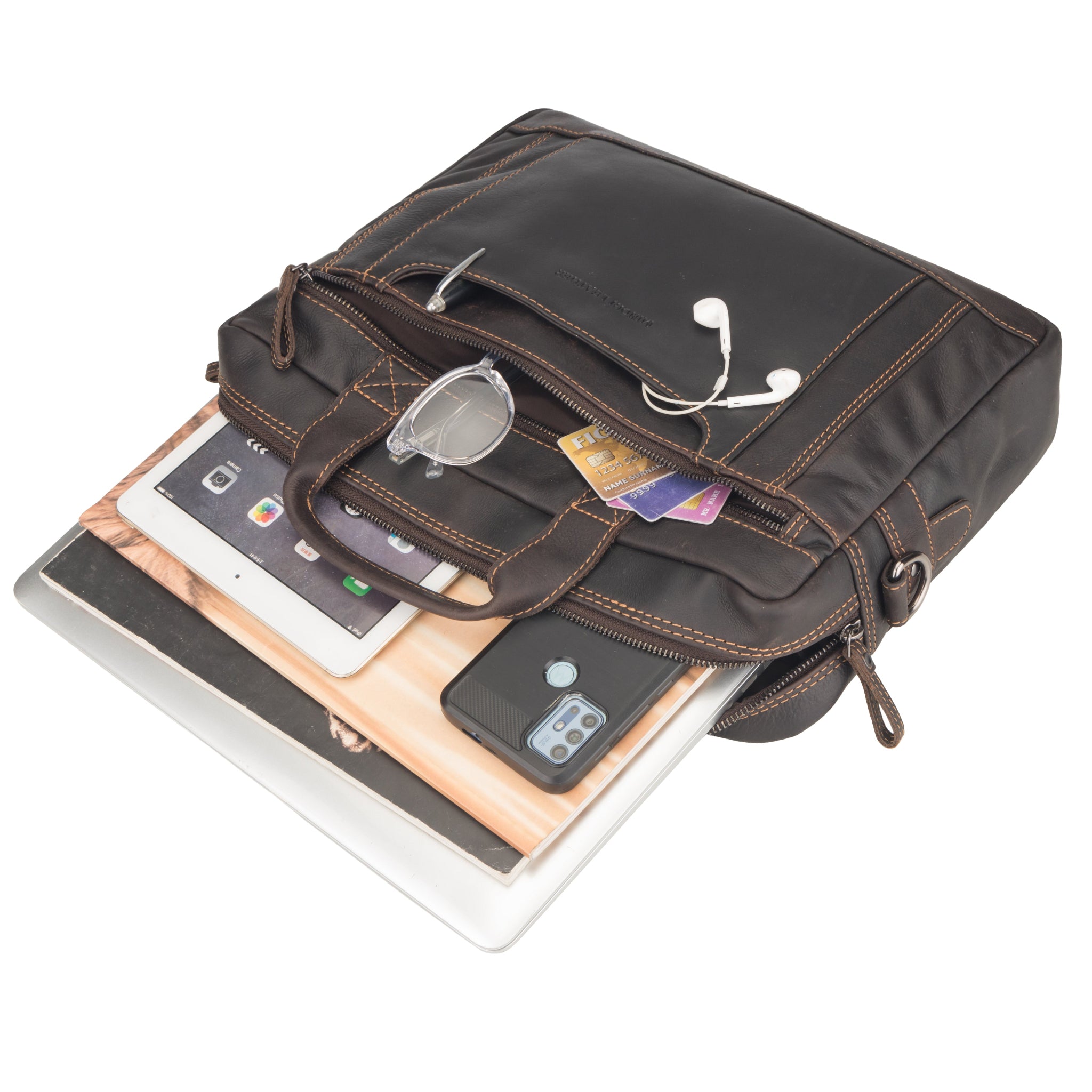 Brown Minori leather briefcase with phone, card, and earbuds on a white background