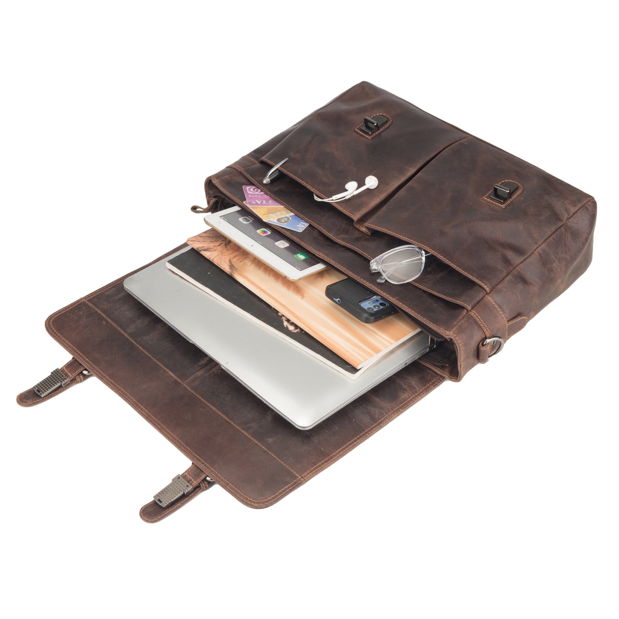 Brown Minori leather bag with compartments and a phone inside on a white background