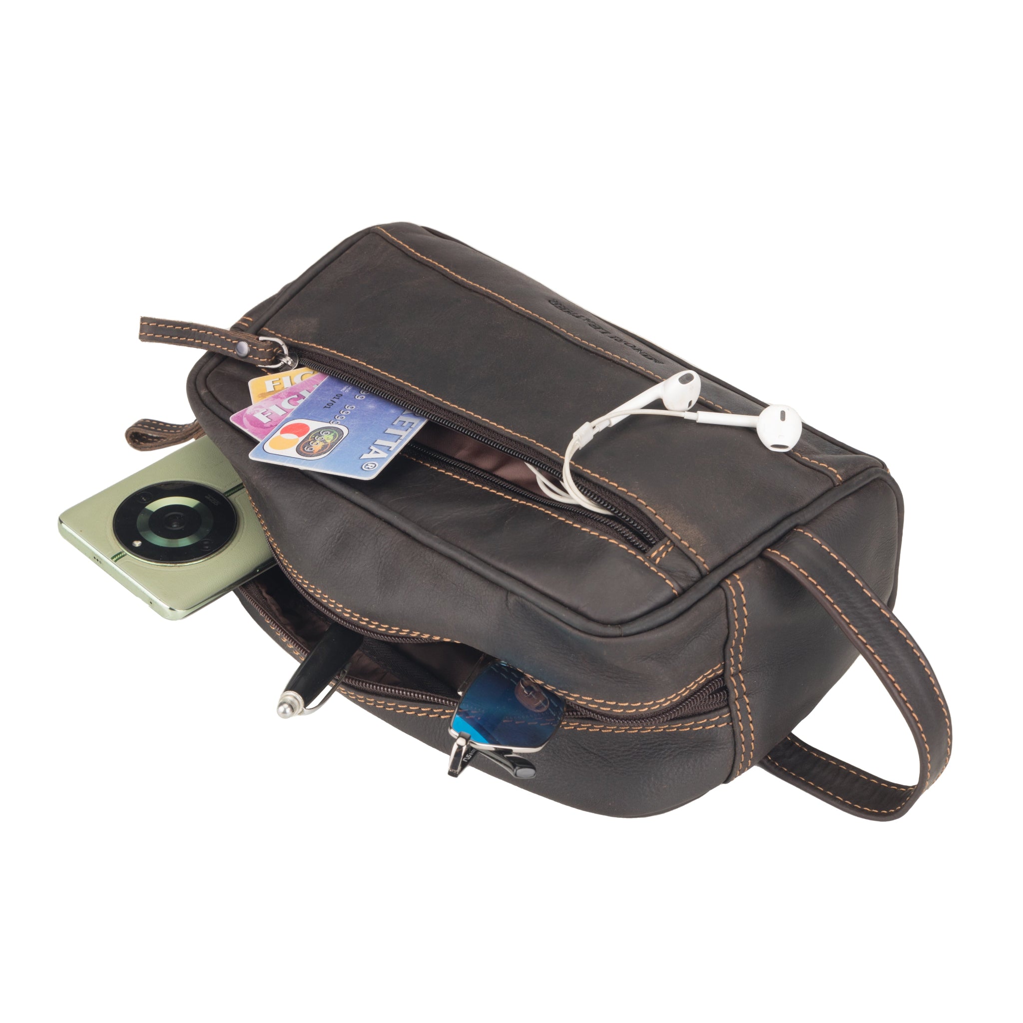 Brown Toiltery leather bag with items like a phone and cards on a white background