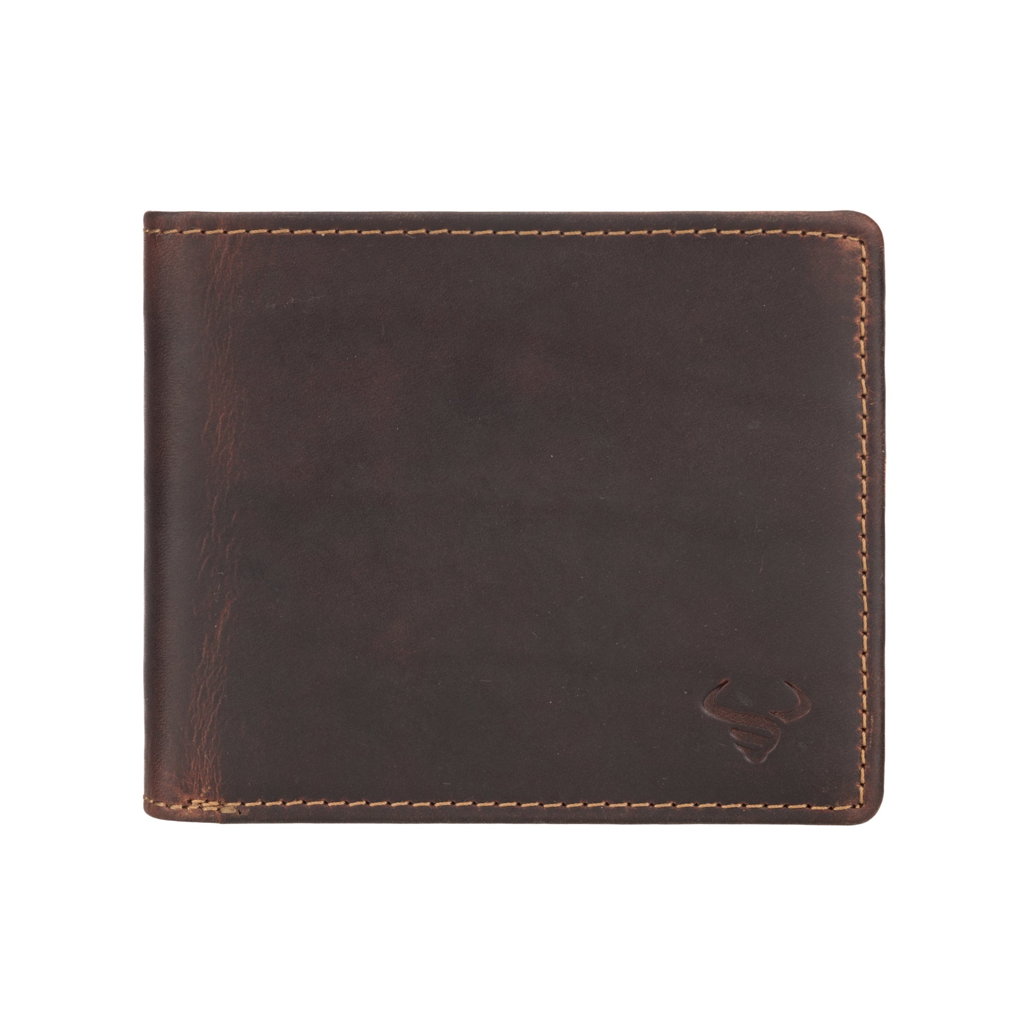 Brown Minori leather wallet with stitching detail on a white background and brand logo embossed.