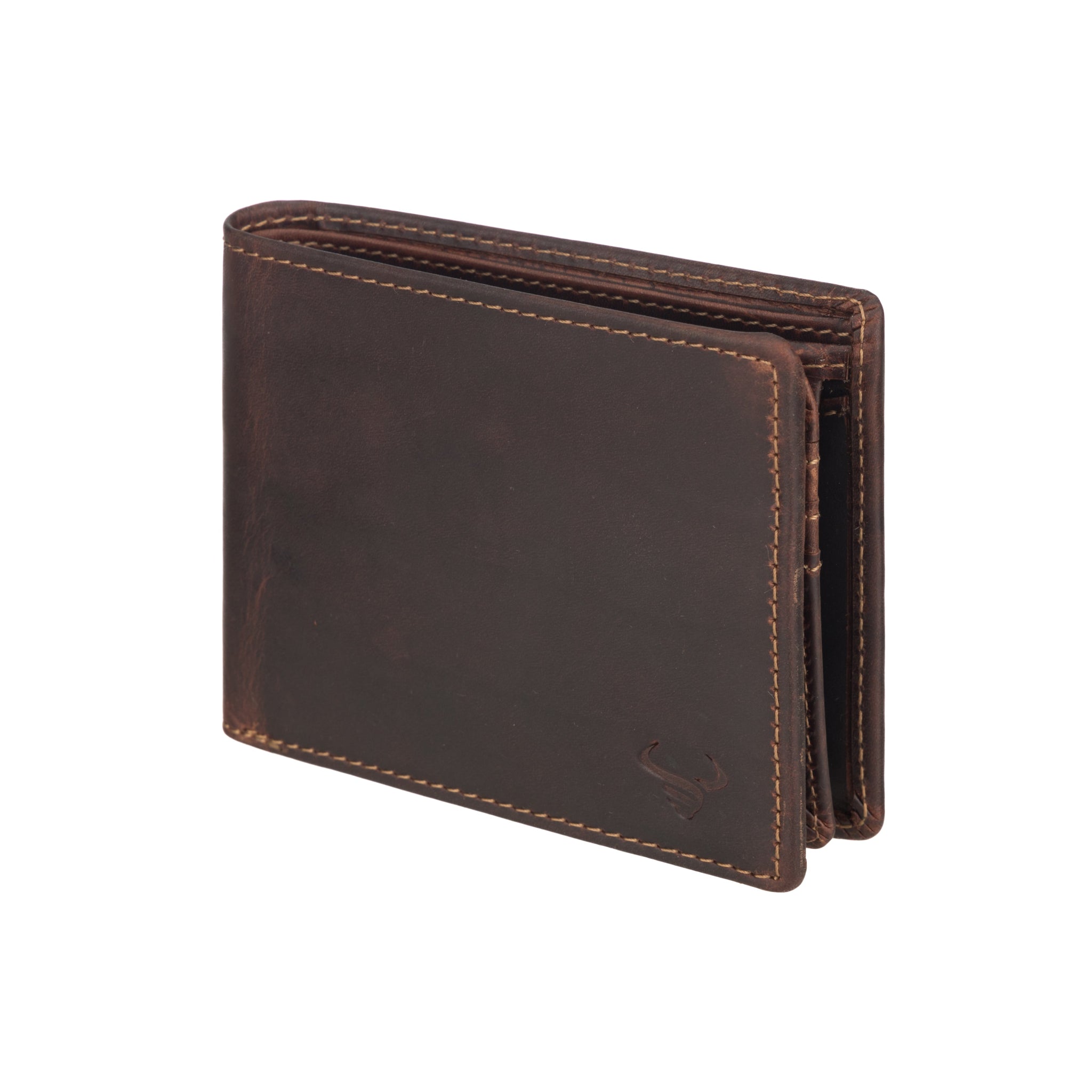Angled view of Brown Minori leather wallet on a white background