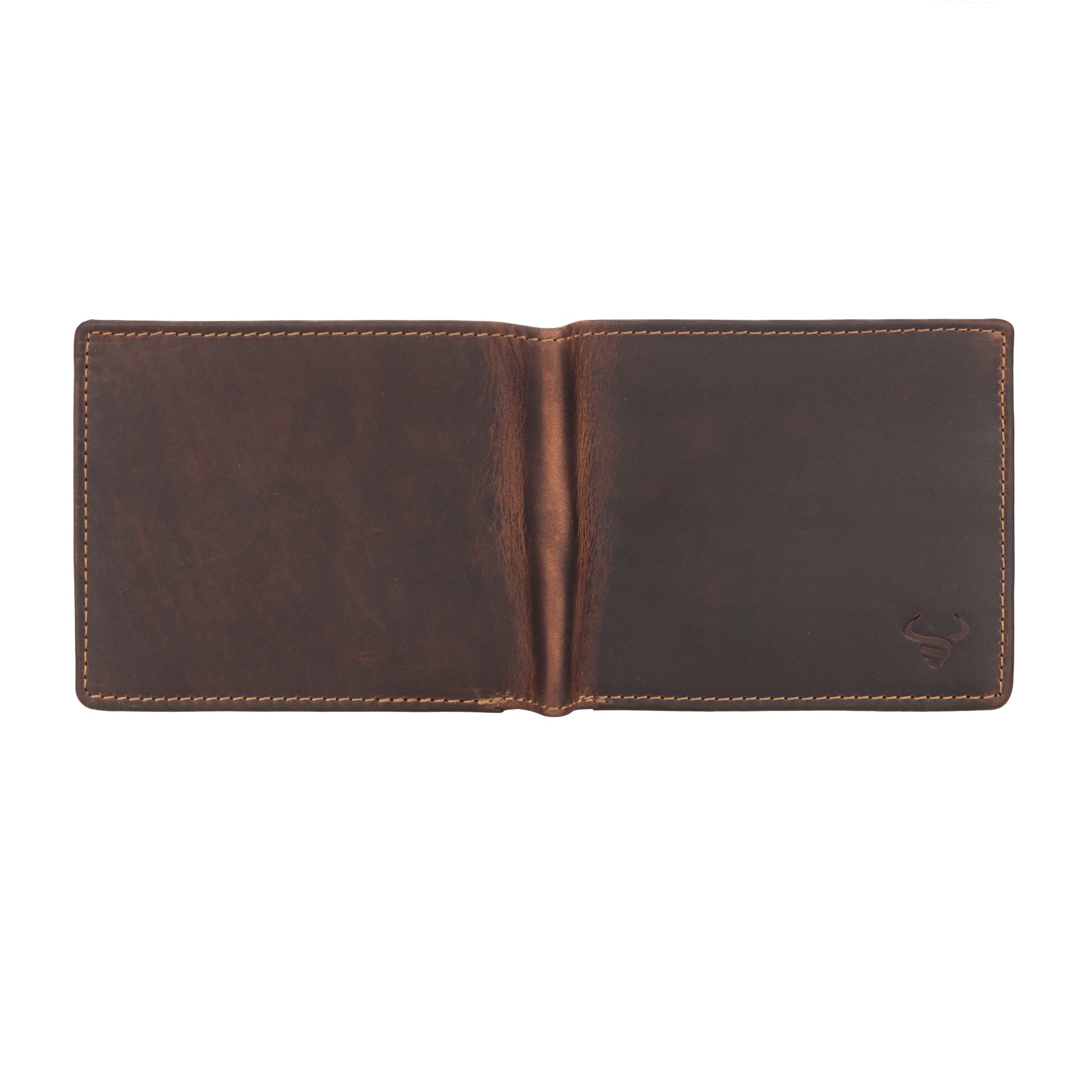 Back open view of Brown Minori leather wallet on a white background
