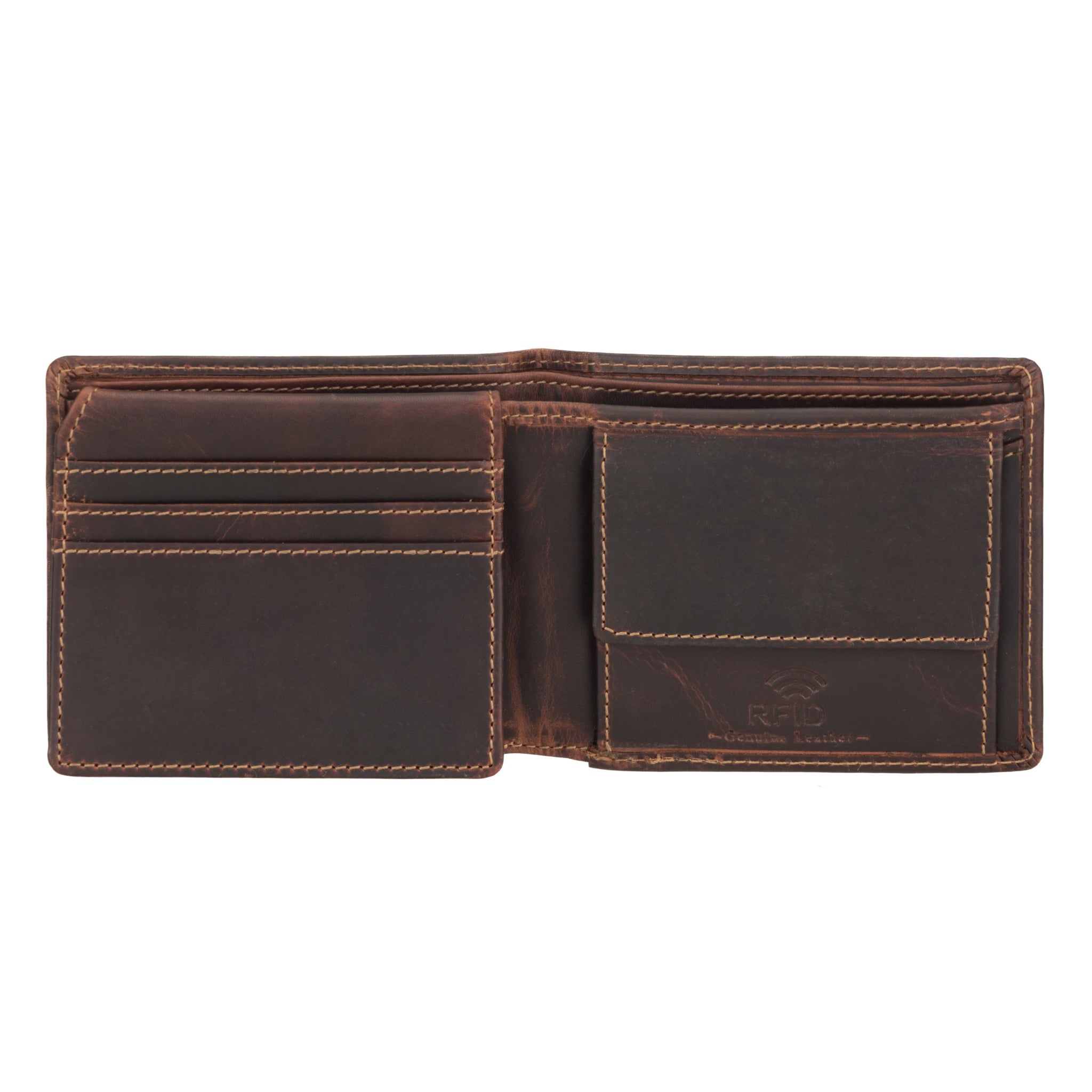 Open view of Brown Minori leather wallet on a white background