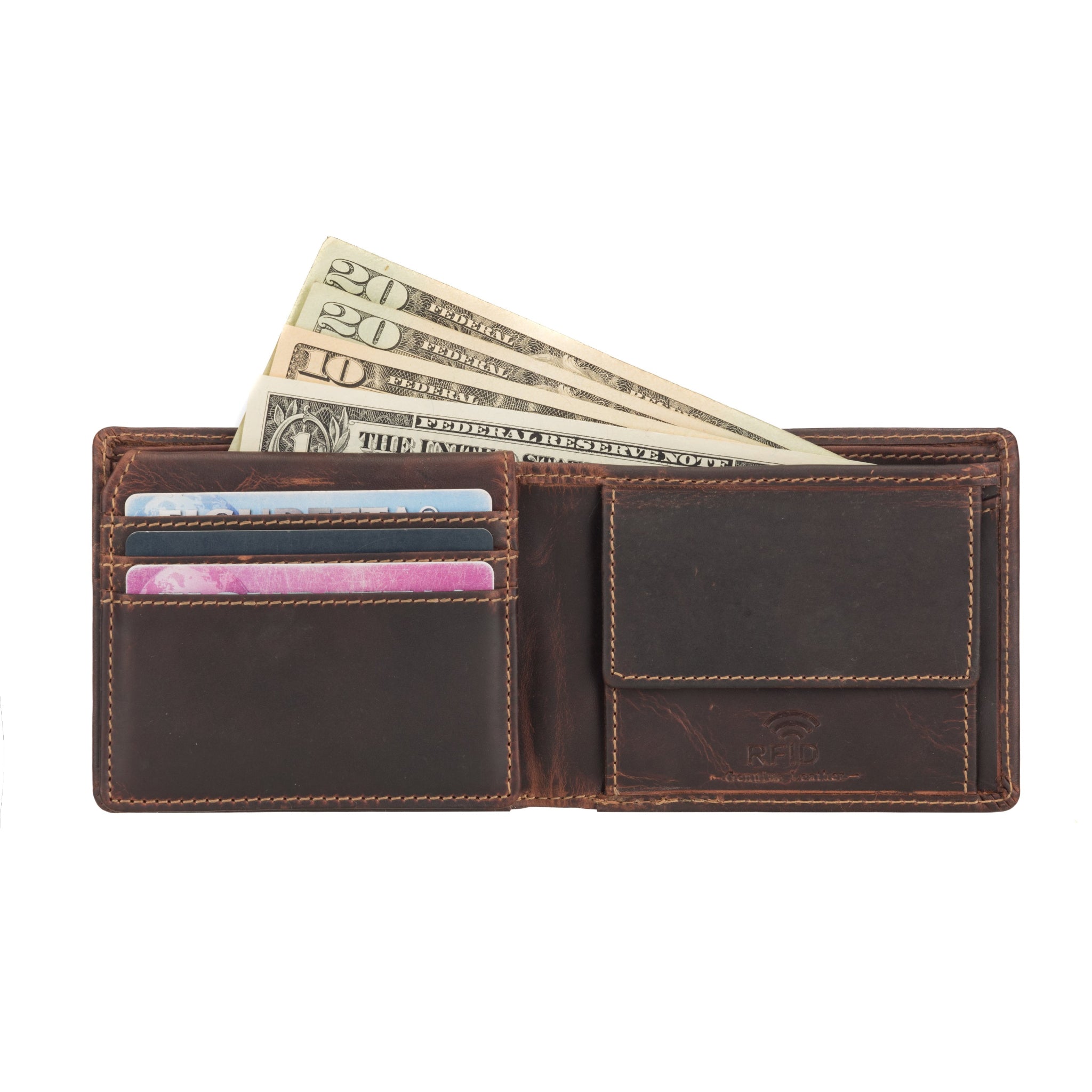 Open view of a Brown Minori leather wallet with money and cards on a white background