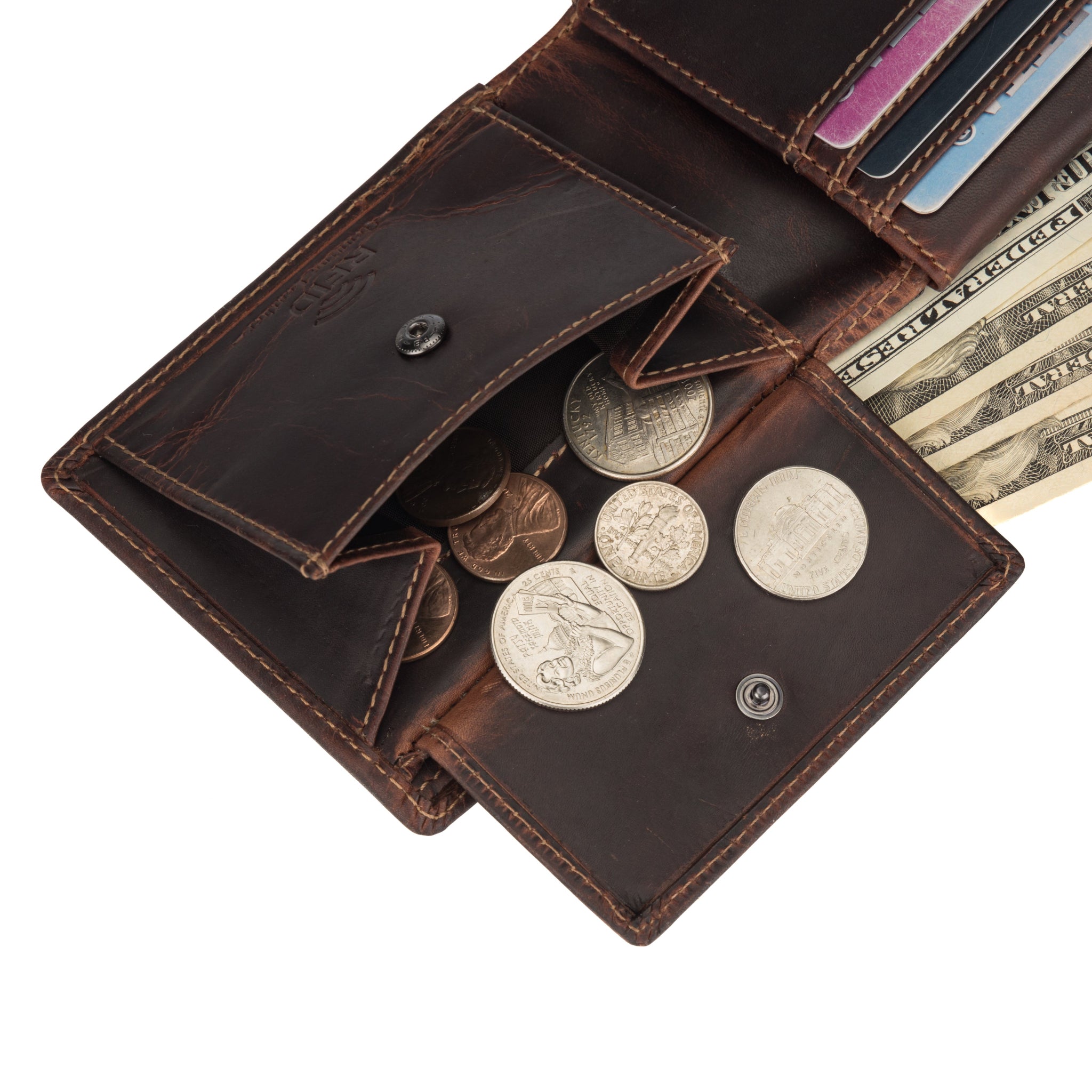 An open dark brown Minori leather wallet showing a coin pouch filled with various US coins and banknotes in the background.
