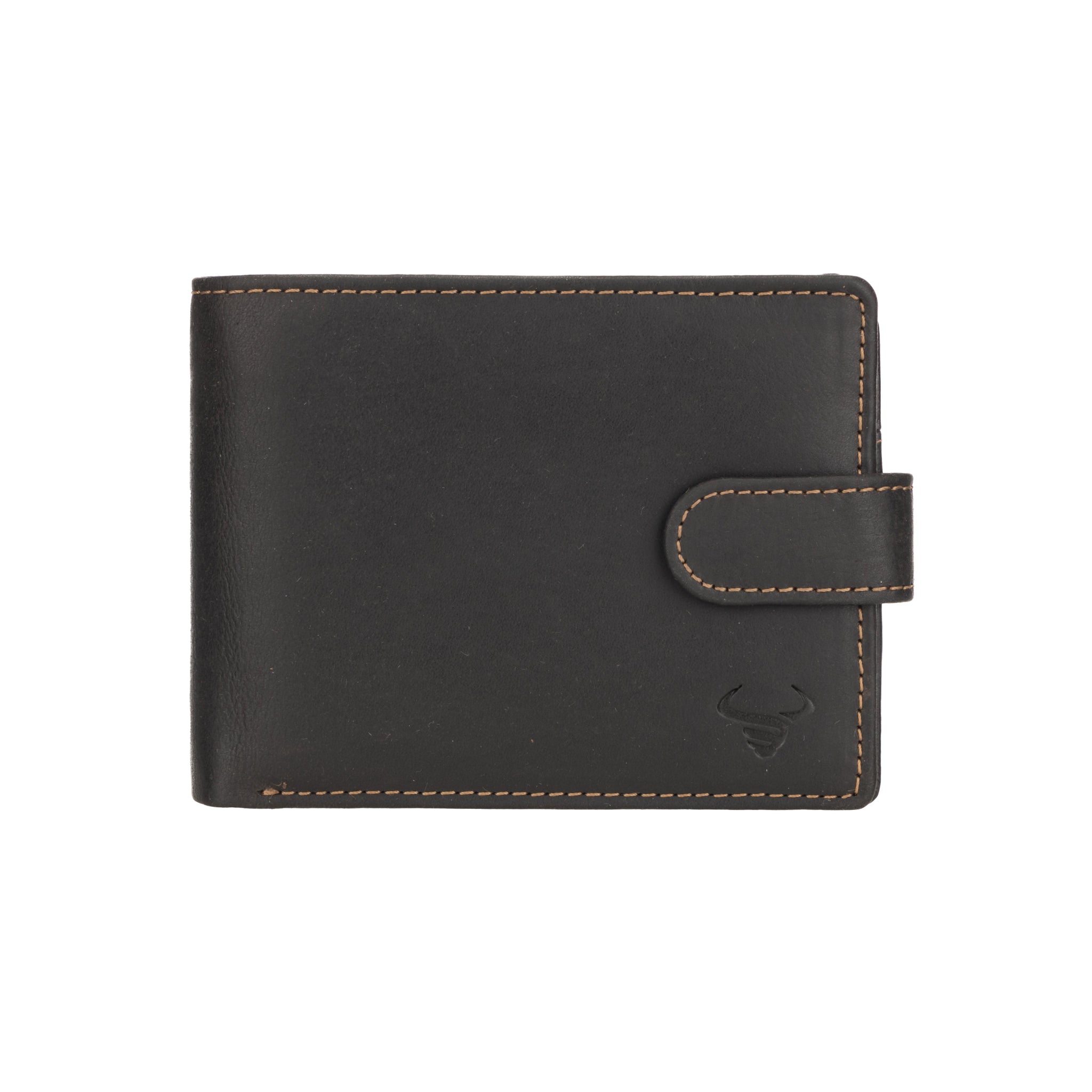 Black Minori leather wallet with stitching detail on a white background