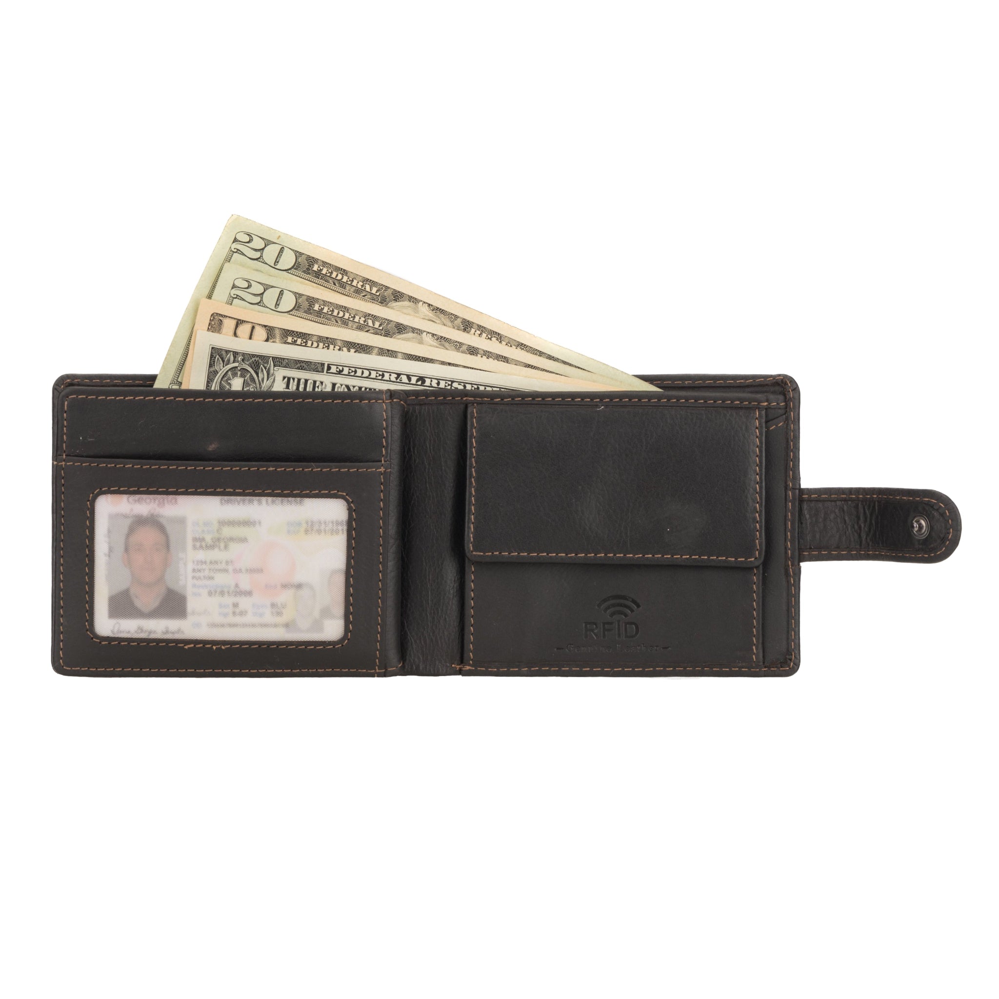 Black Minori leather wallet RFID protection with money and ID card on a white background