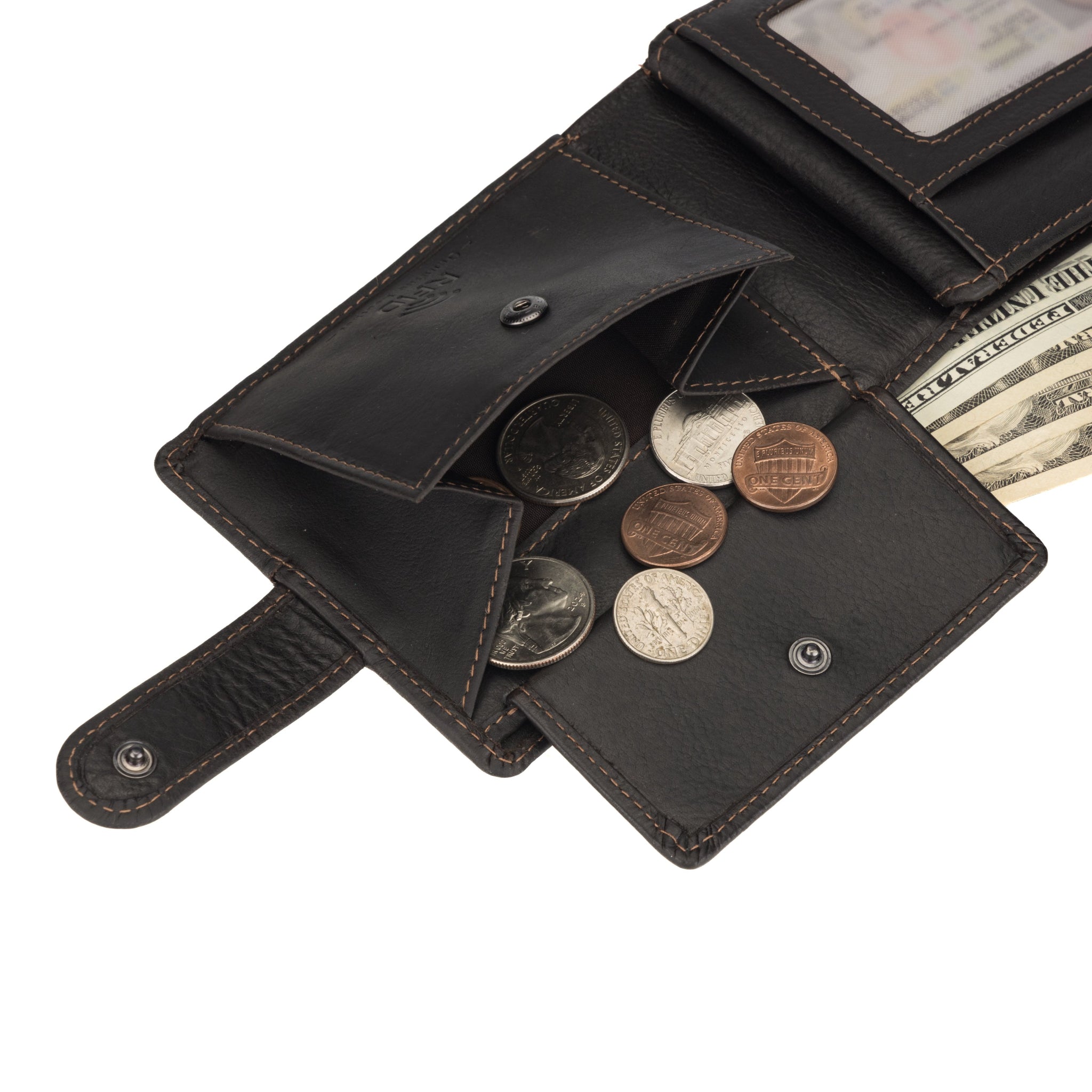 Open Brown Minori leather wallet with coins and money on a white background