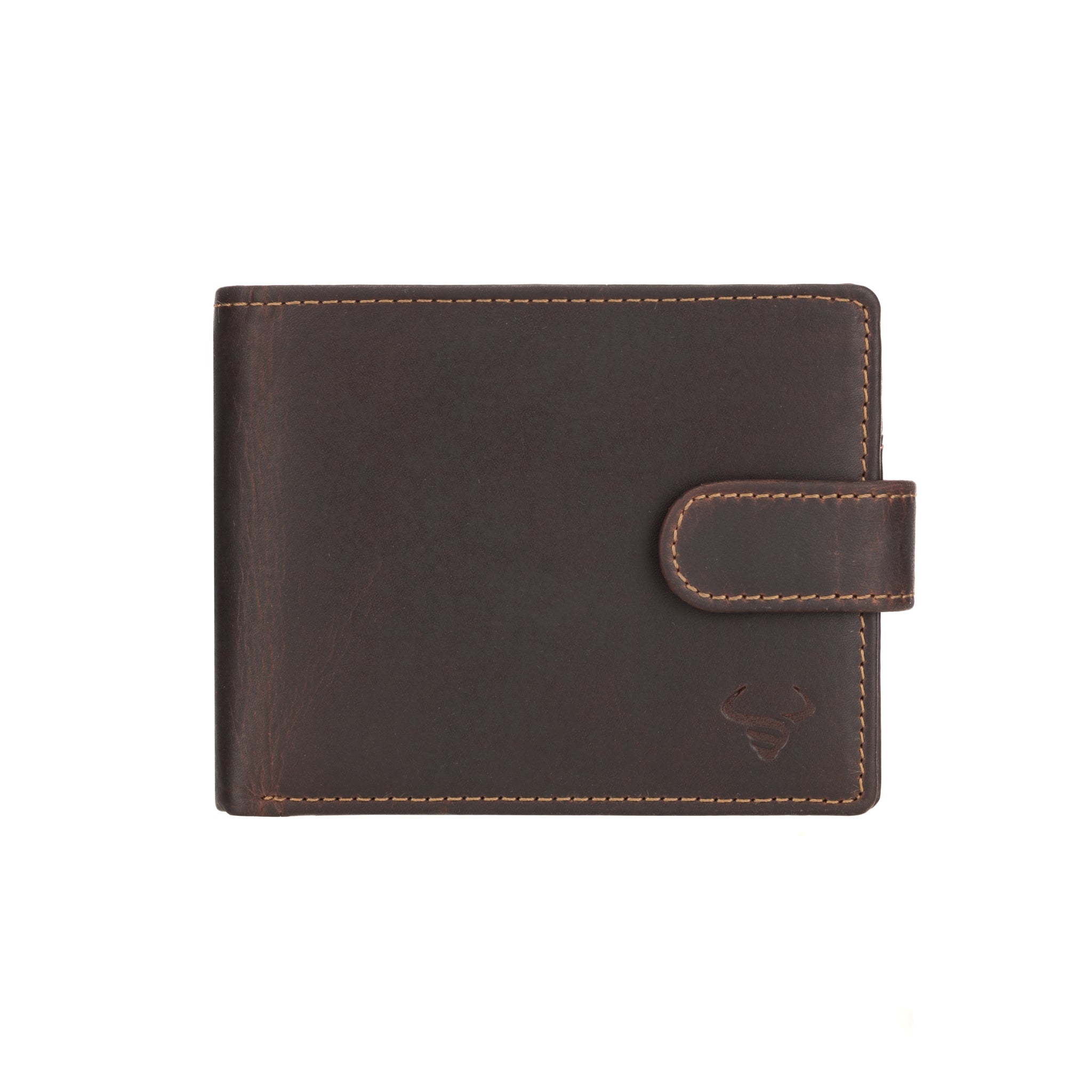 Brown Minori leather wallet with a visible brand logo on a white background
