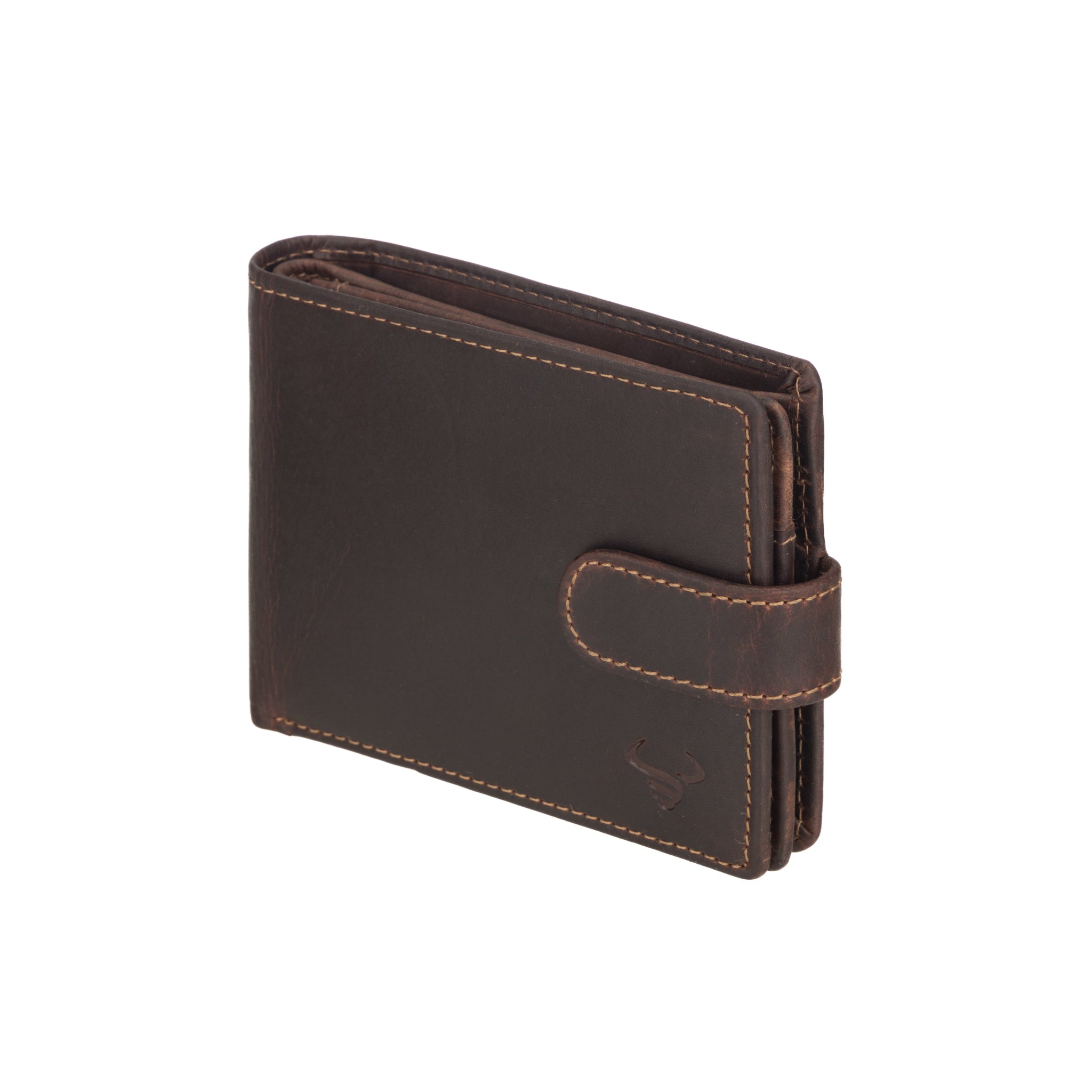 Angled view of a Brown Minori leather wallet on a white background