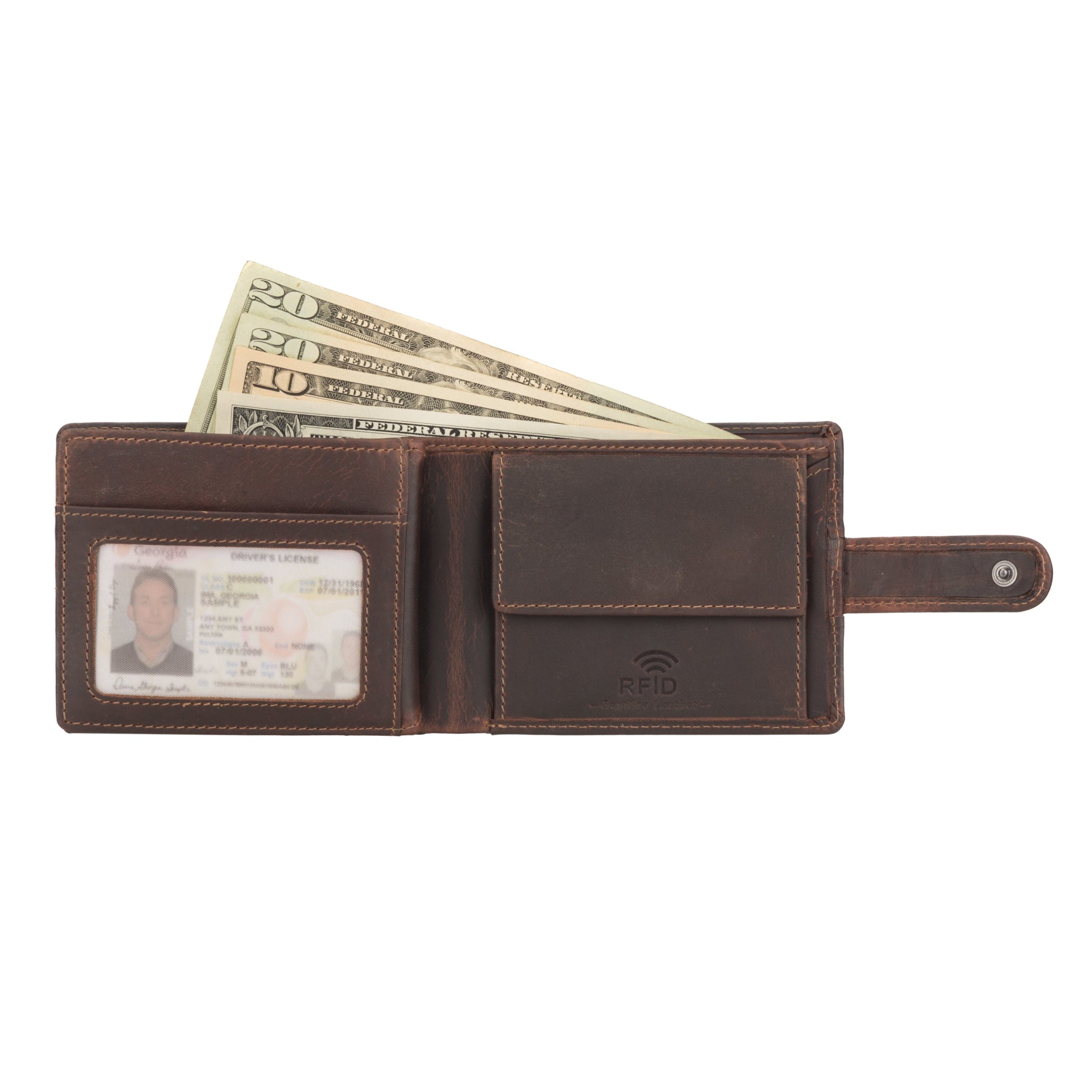 Brown Minori leather wallet with money and ID card on a white background
