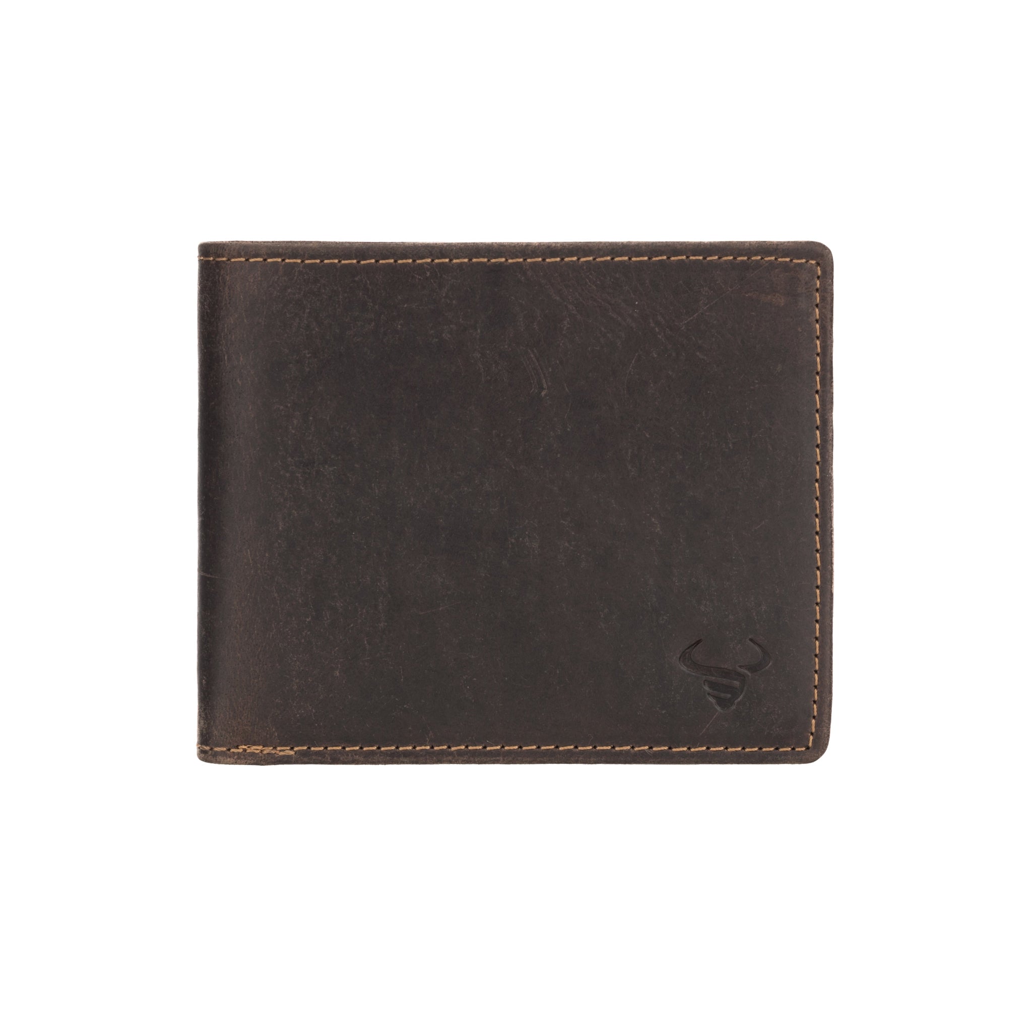 A front-facing view of a dark brown Minori leather bifold wallet with contrast stitching and an embossed logo.