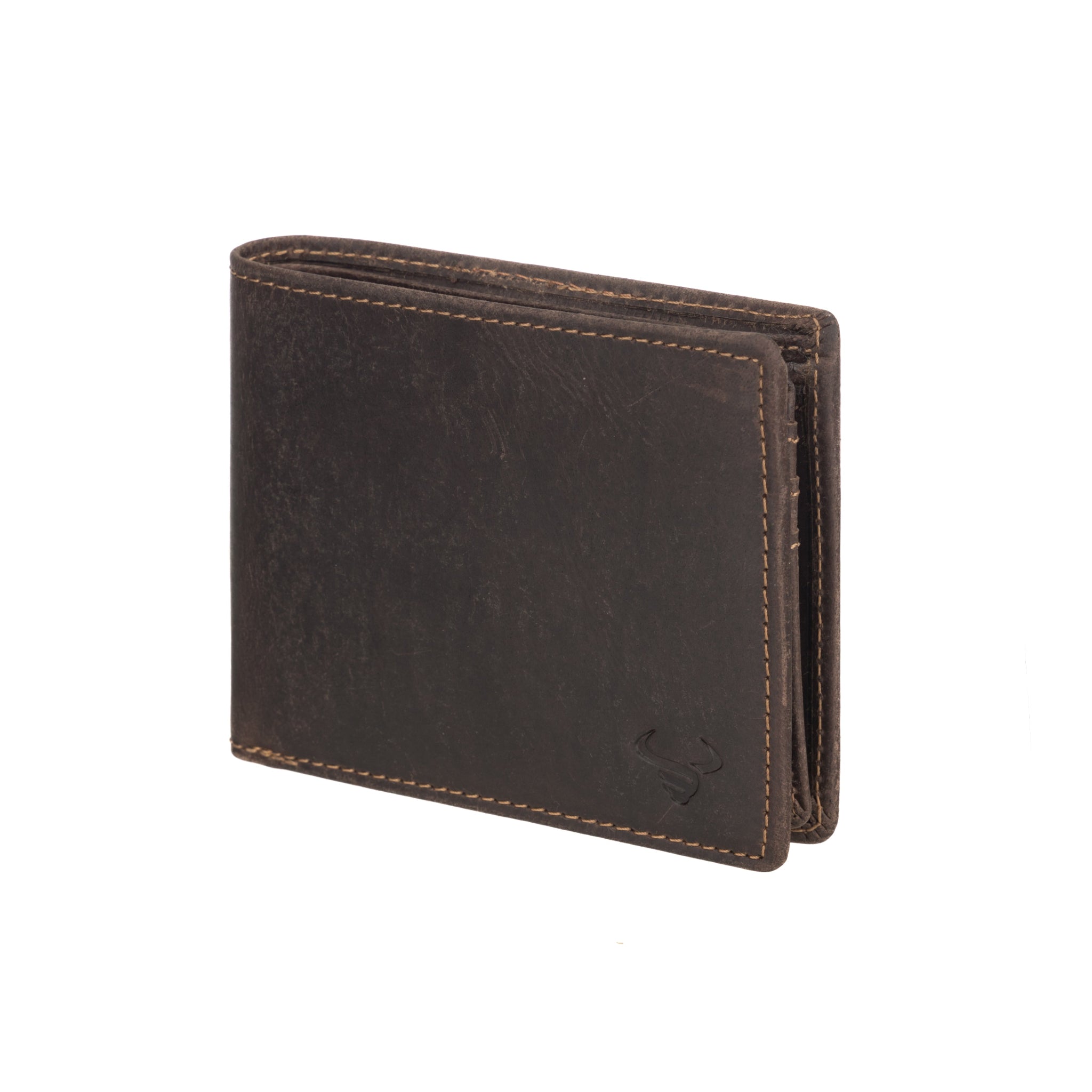 Angled front view of a closed dark brown Minori leather wallet with a bull logo embossed on the lower right corner.