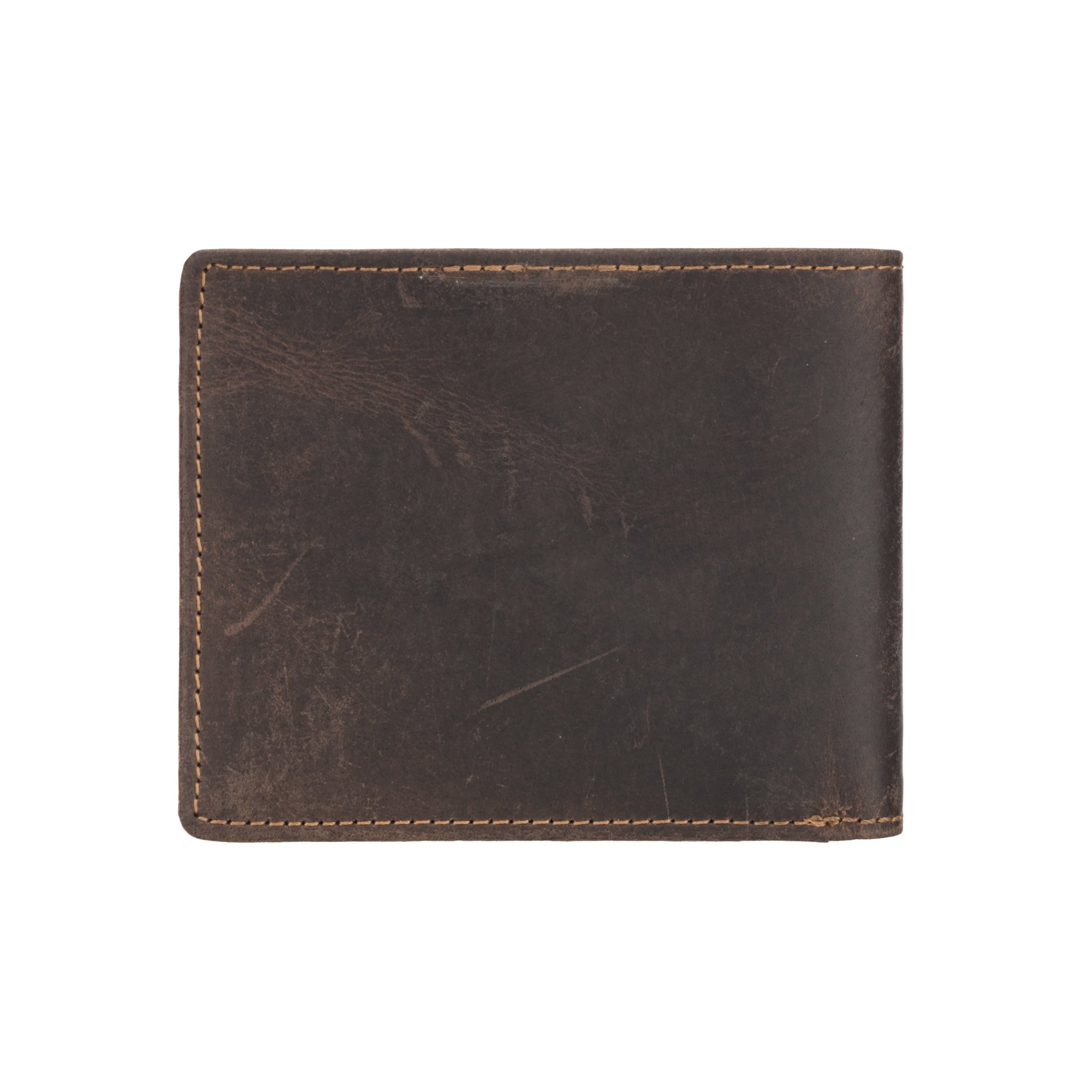 Back view of a dark brown Minori leather wallet showing the natural leather texture and light wear marks.
