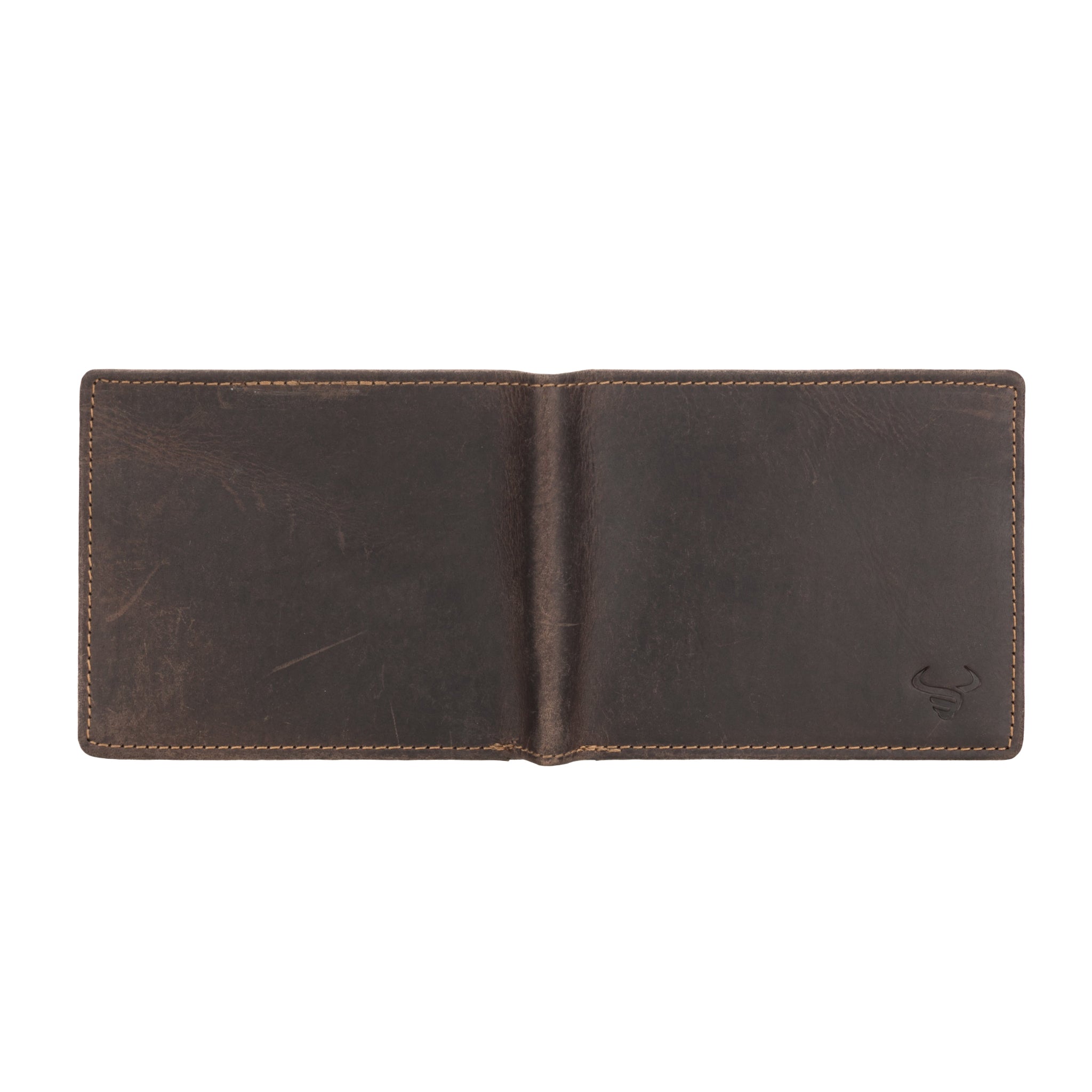 Fully open view of the Minori leather wallet laid flat, revealing a smooth interior with embossed branding.