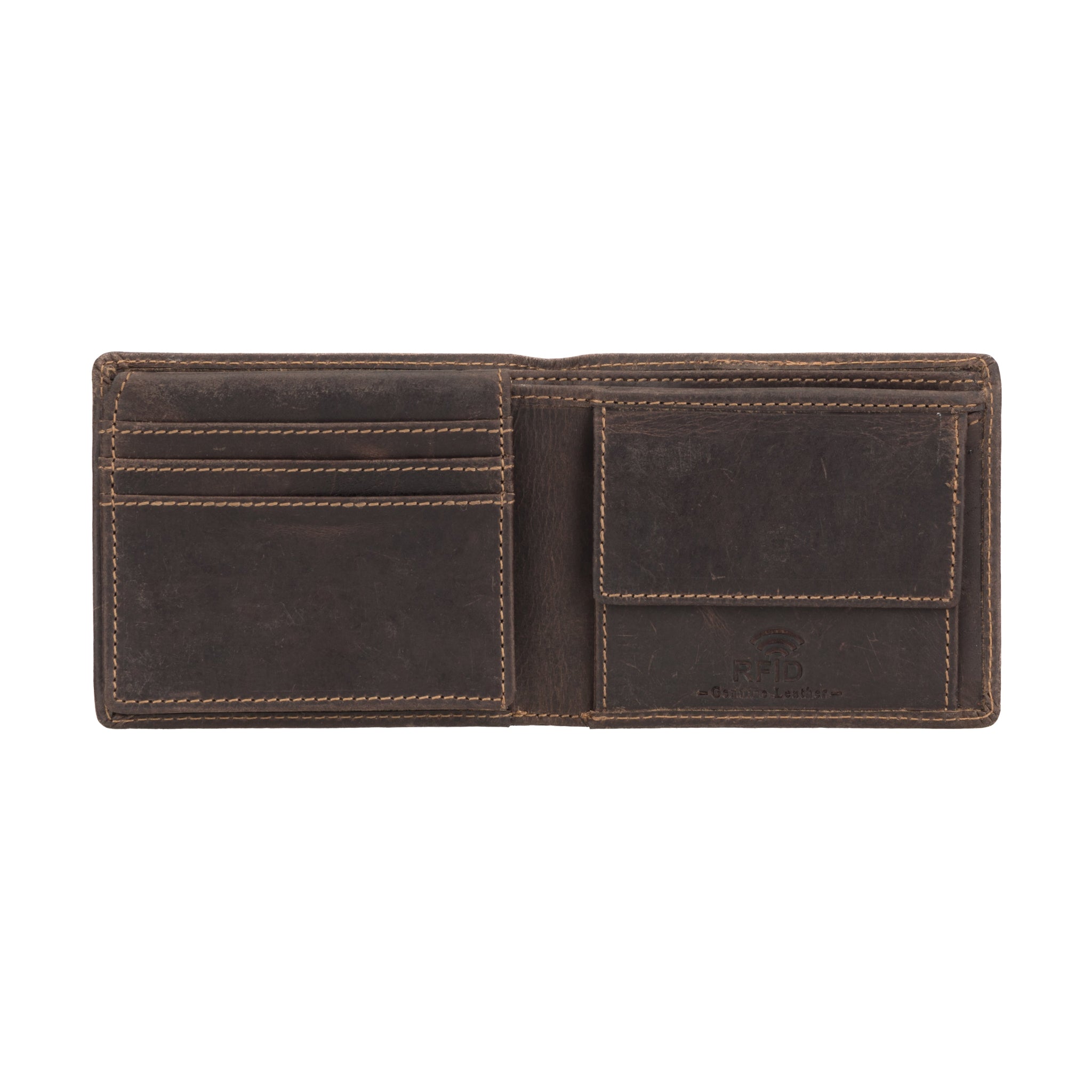 Interior view of the dark brown Minori wallet showing multiple card slots and a flap coin pouch with RFID protection branding.