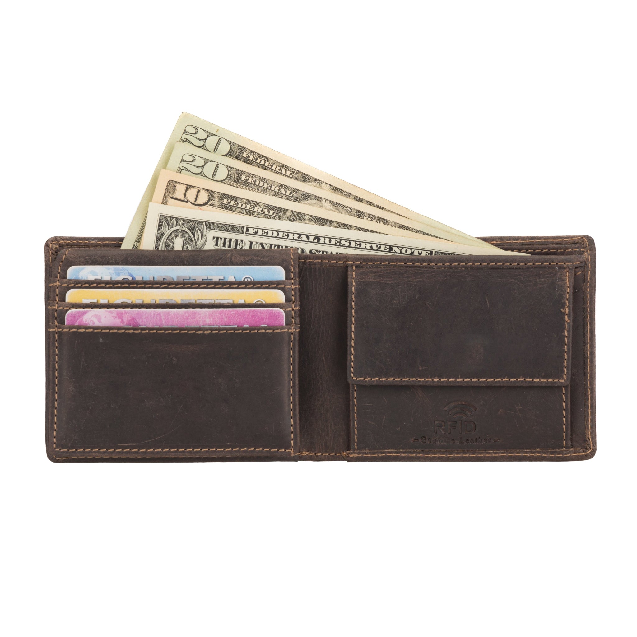 Open dark brown leather bifold Minori leather wallet with multiple cards in the left section, US dollar bills in the cash compartment, and a flap coin pouch on the right marked with RFID protection branding.