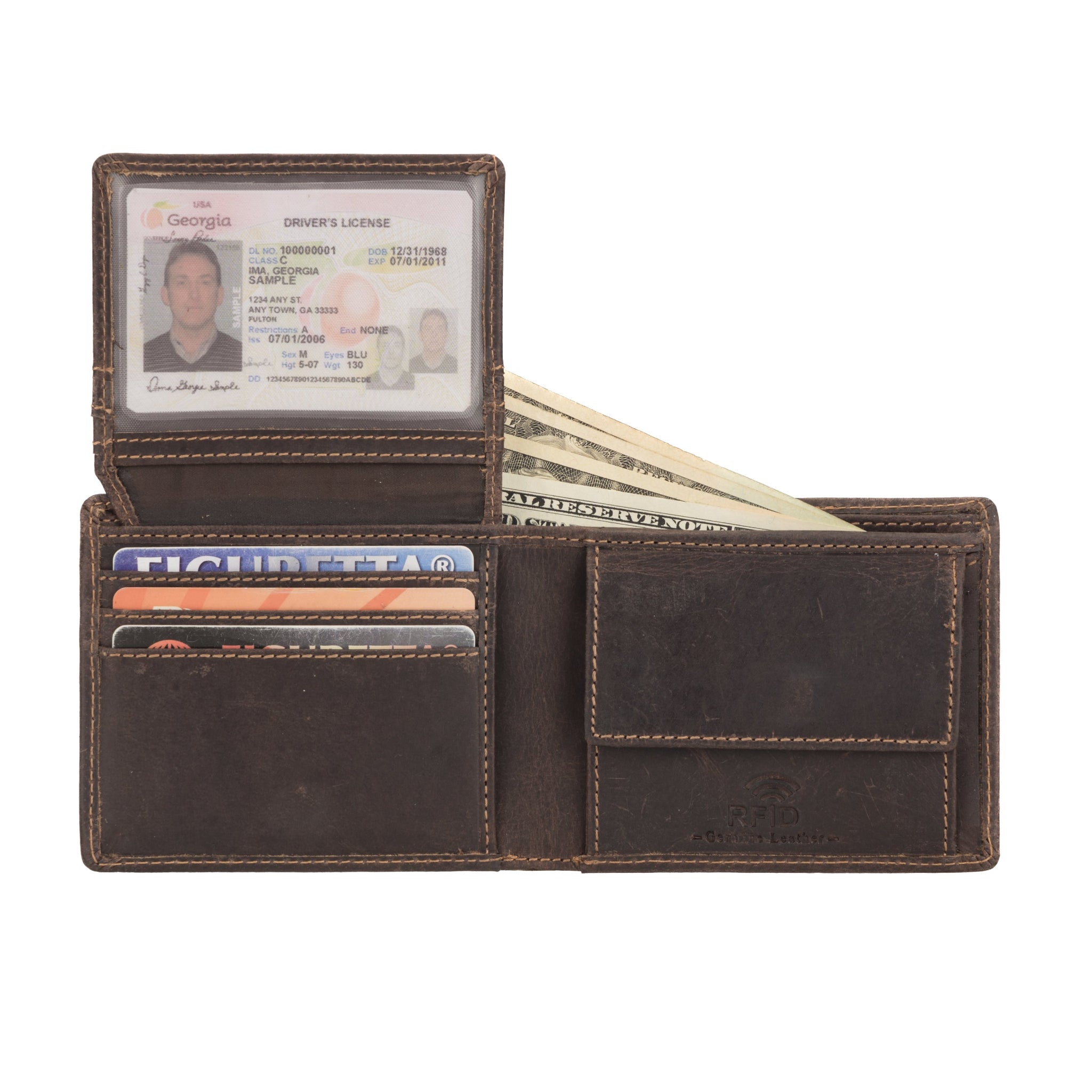 Open dark brown Minori leather bifold wallet displaying a transparent ID window with a visible driver’s license, multiple credit cards in the card slots, US dollar bills in the cash compartment, and an RFID-protected coin pouch on the right side.